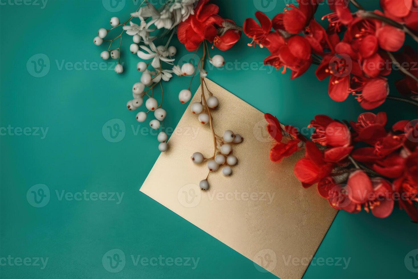 Top View of Golden Invitation Card, Paper Mockup with Cherry Blossom and Berries Twigs on Teal Green Background. . photo