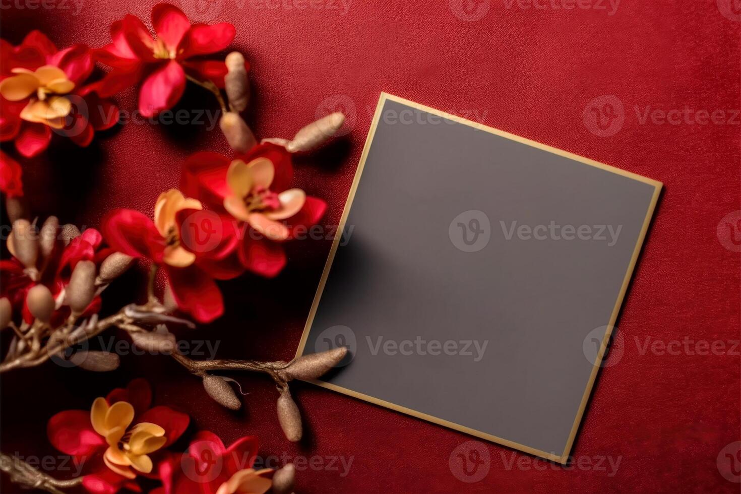 Blank Invitation Card or Frame Mockup Flat Lay and Artificial Blossom Branch on Red Texture Background, . photo