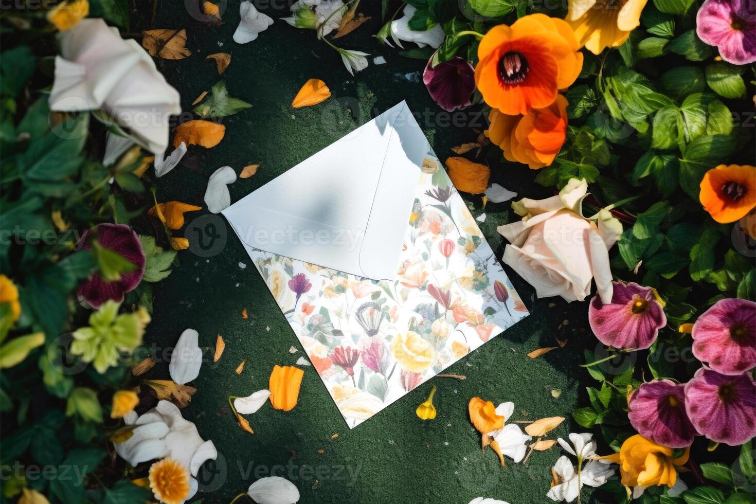 Top View of Floral Greeting Card Mockup on Multicolored Floral Background, . photo