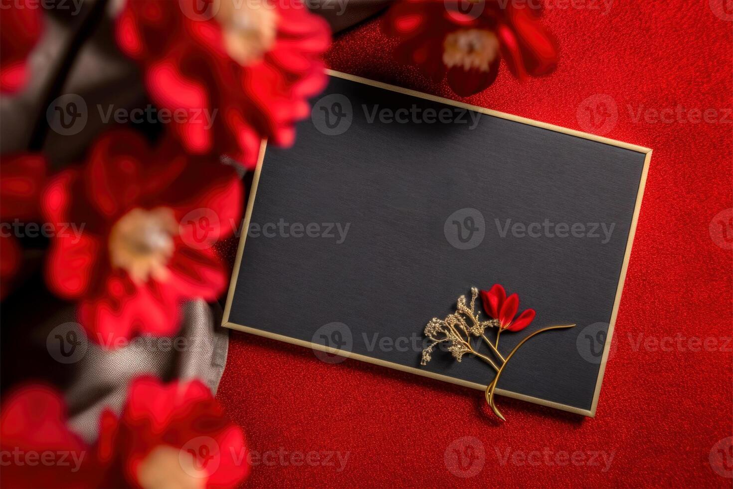 Top View of Blank Frame or Card Mockup with Blur Flowers on Red Grain Texture Background, . photo