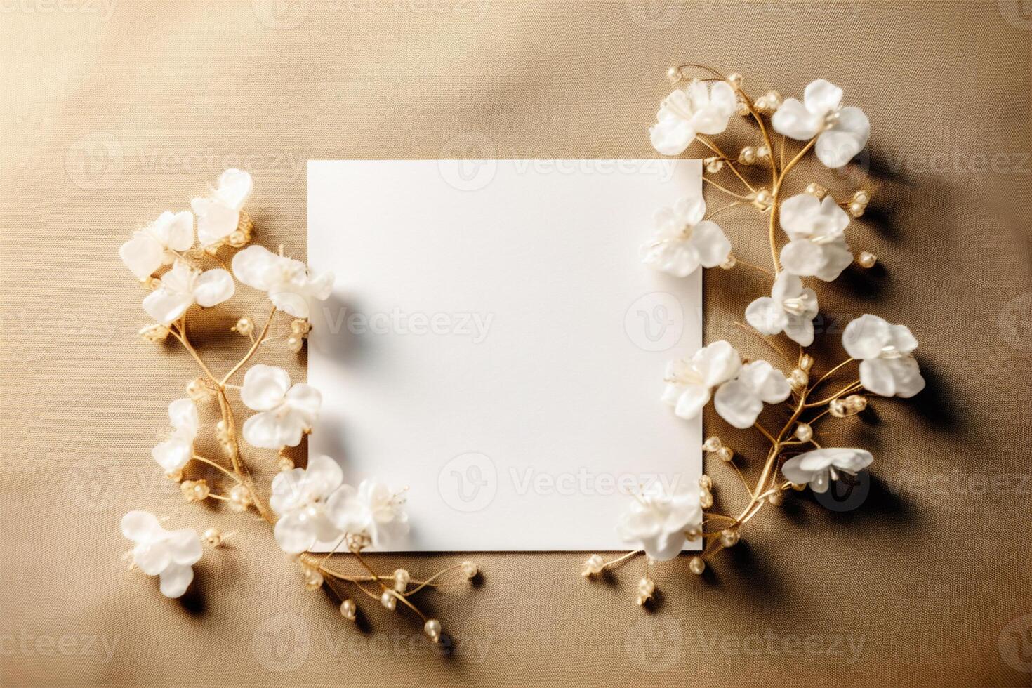 Top View of Blank Paper Sheet Card Mockup with White Cherry Blossom Branches, Pearls on Jute Texture Background. Minimal Aesthetic Wedding Invitation Template, . photo