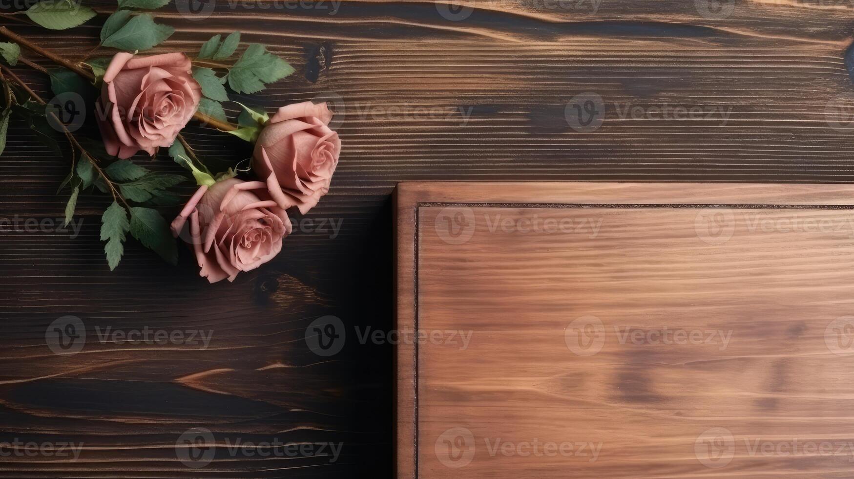 Closeup of Wooden Storage Box with Rose Flowers on Plank Texture Table Top, . photo