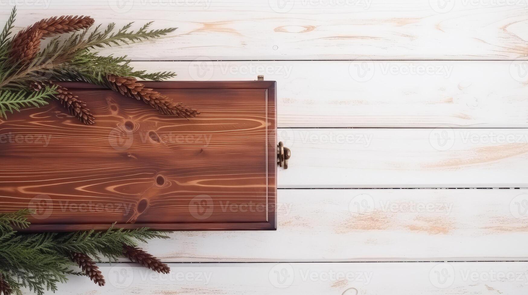 Antique Style Wood Storage Box and Pinecones, Leaves on White Plank Texture Table Top. . photo