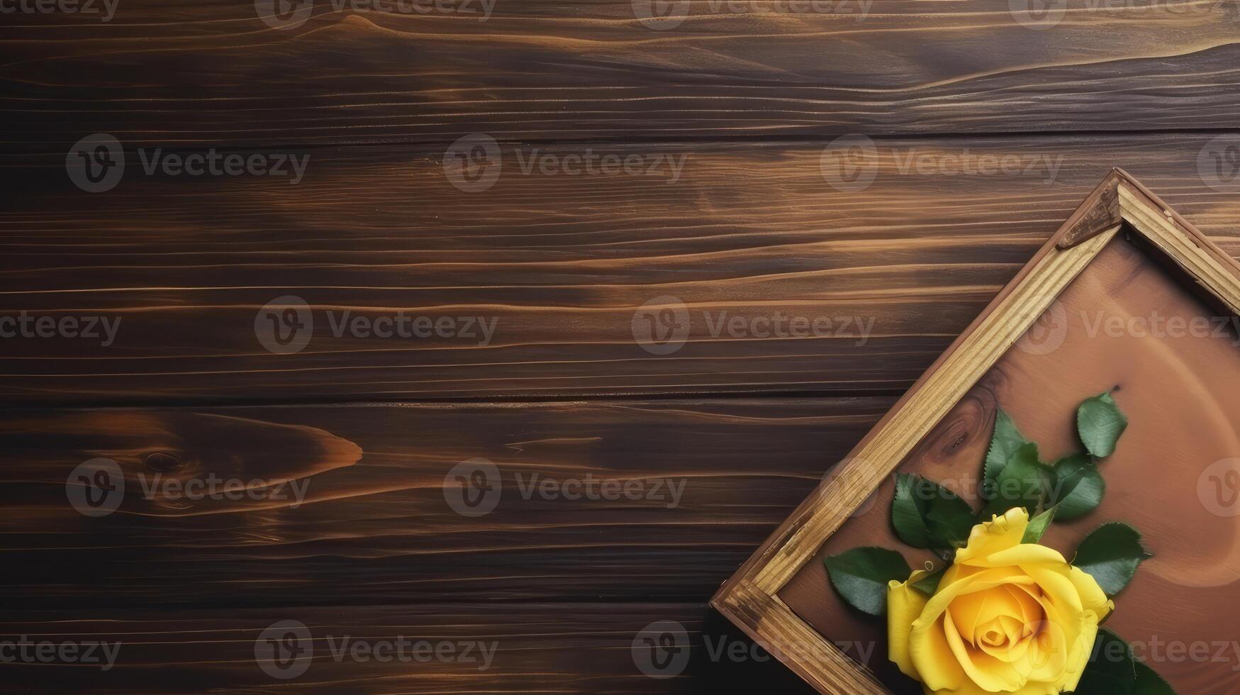 Top View of Yellow Rose Flower on Open Wooden Box Against Natural Plank Texture Table. . photo