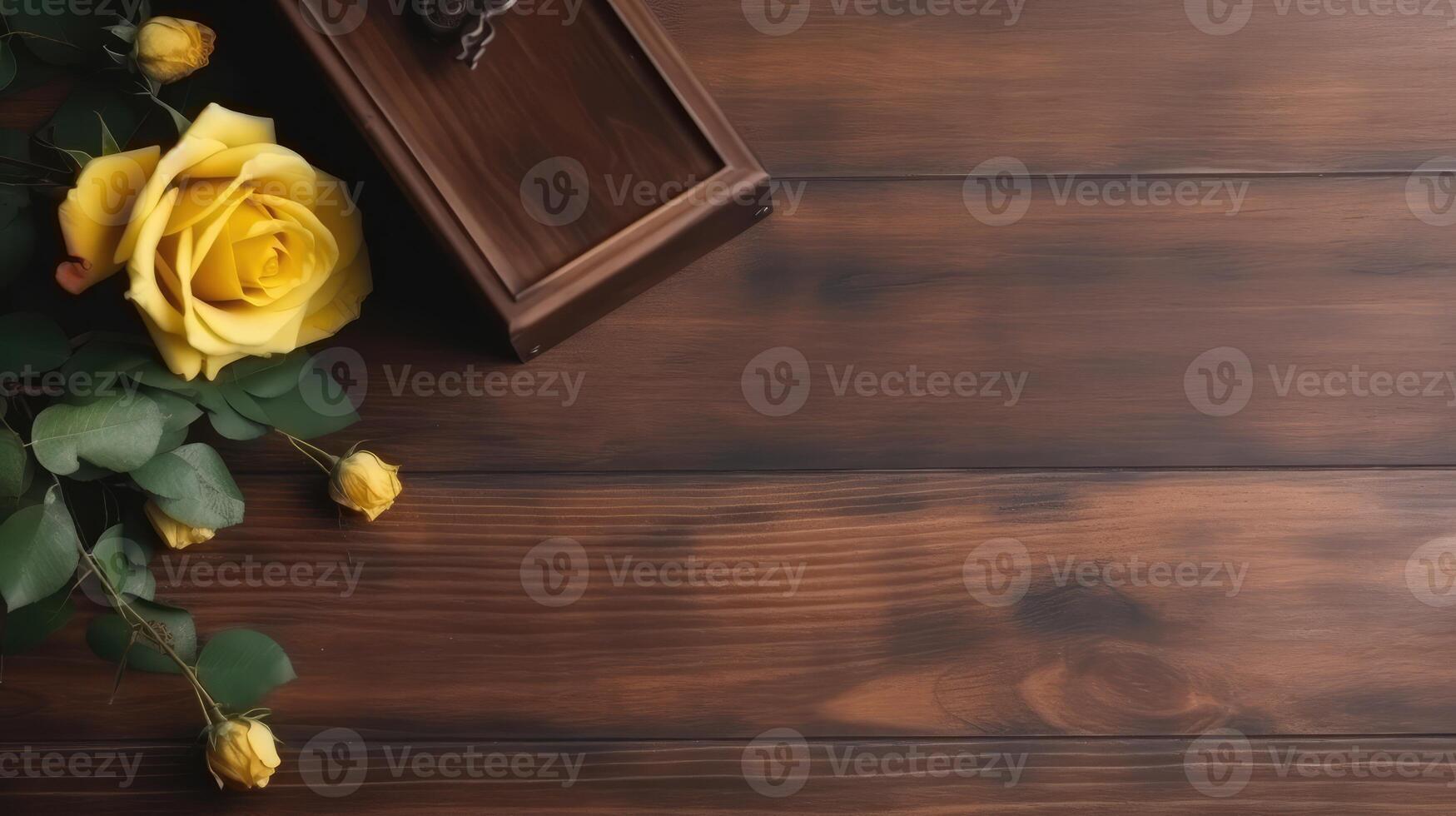 Top View Closeup of Yellow Rose Floral and Vintage Wooden Box on Plank Texture Table. . photo