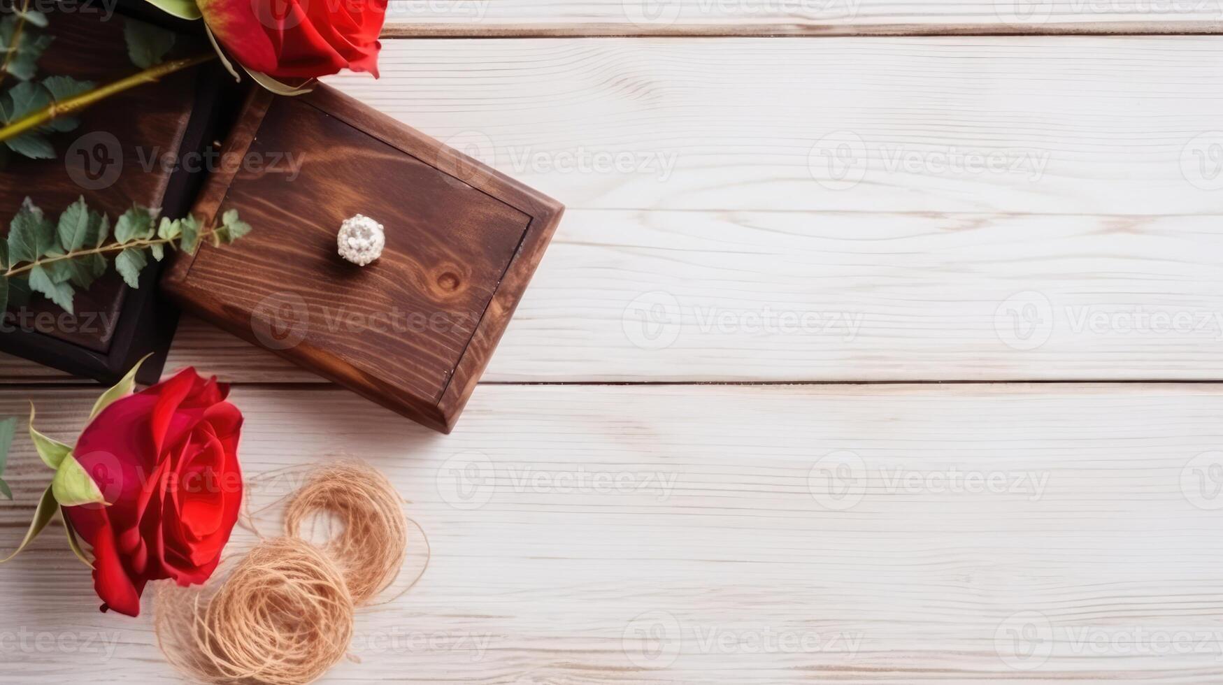 parte superior ver de diamante anillo en de madera caja con rojo rosas, yute hilo en contra blanco tablón textura mesa. generativo ai. foto