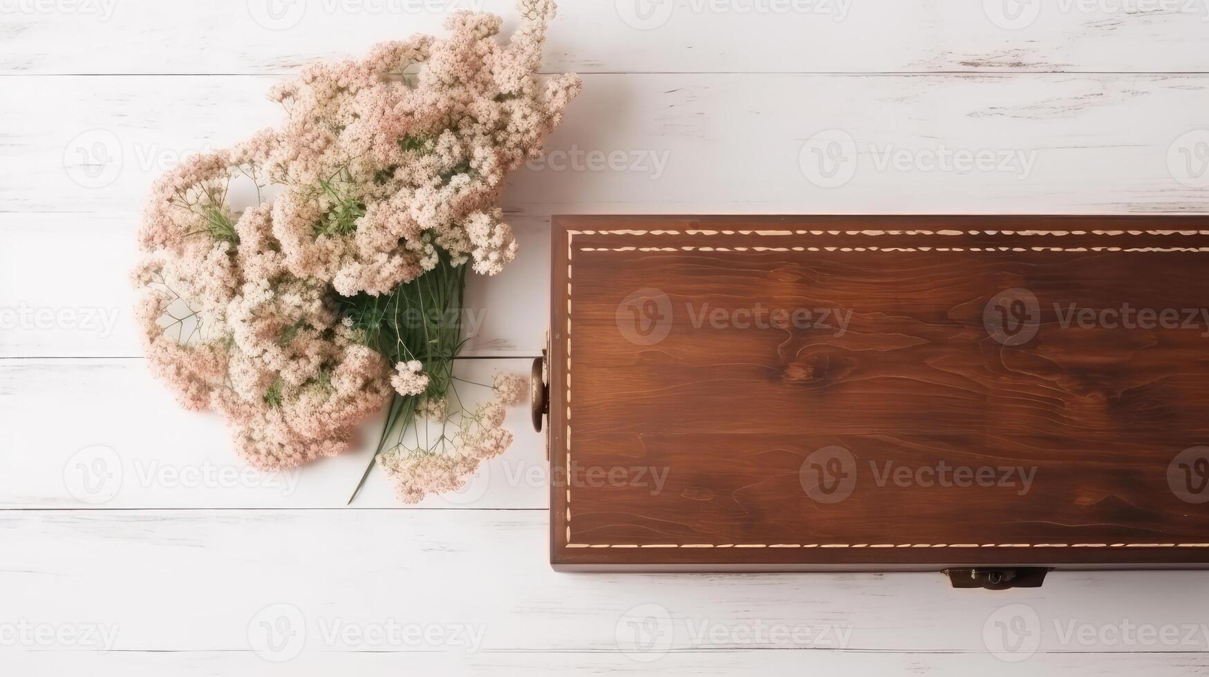 Top View of Closed Vintage Wooden Box and Gypsophila Flower Branch on White Plank Texture Table, . photo