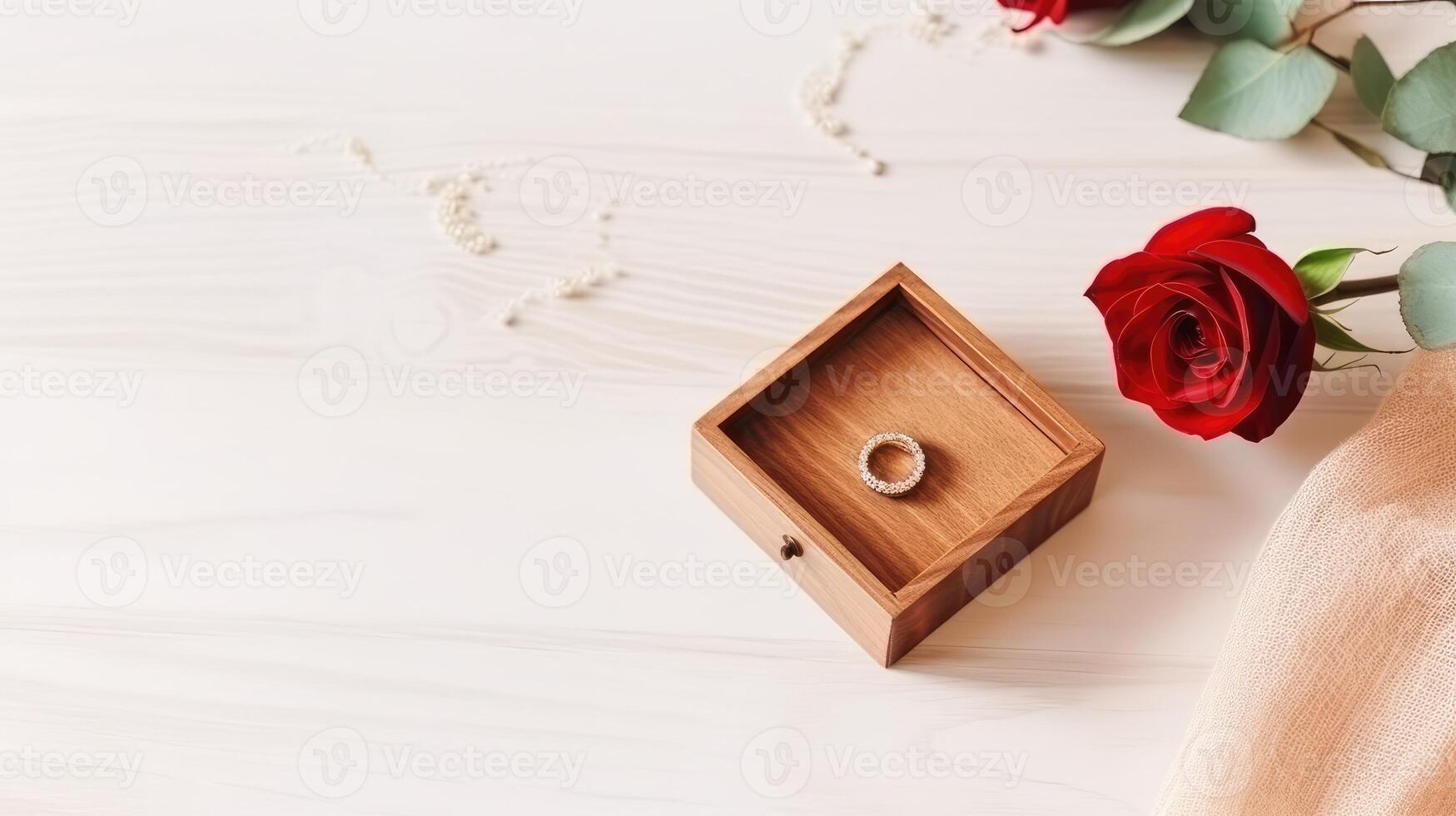 Top View Mockup of Bangle inside Open Wooden Box with Rose, Net Fabric on White Plank Texture Background. . photo