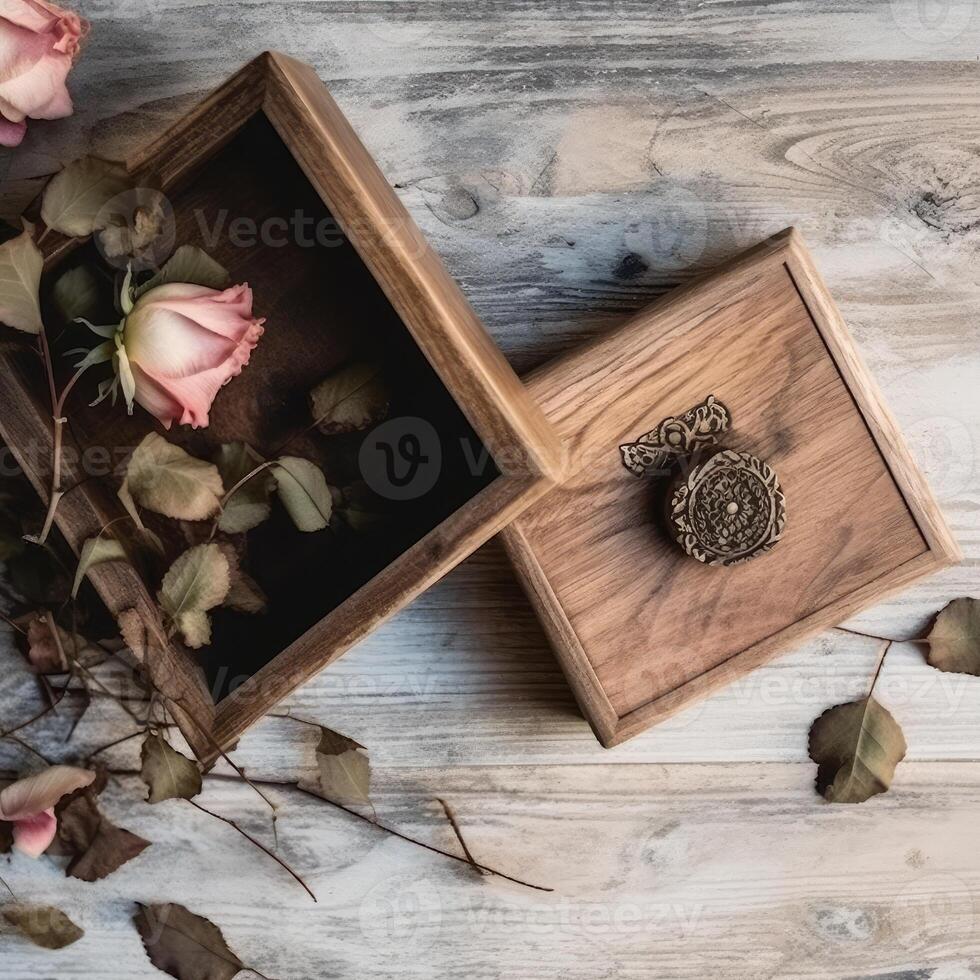 Top View of Open Vintage Wood Box with Dried Rose Flowers on Plank Texture Table Top, . photo