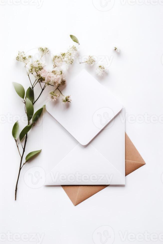 Top View of Blank Invitation Card, Envelope with Floral Branch. Mockup Template for Design or Product Placement Created Using . photo