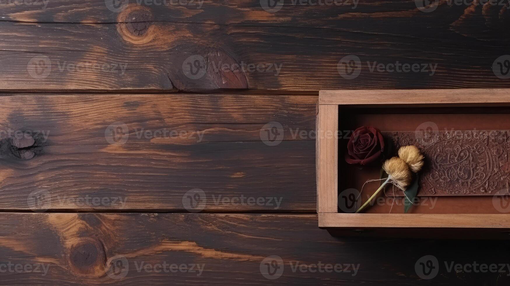 Dried Flowers Inside Wood Box on Old Plank Texture Table Top, . photo