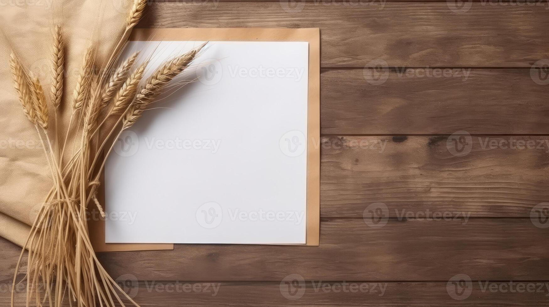 Top View of Blank Paper Mockup, Burlap Cloth and Golden Dried Grain Grass on Wooden Table. . photo