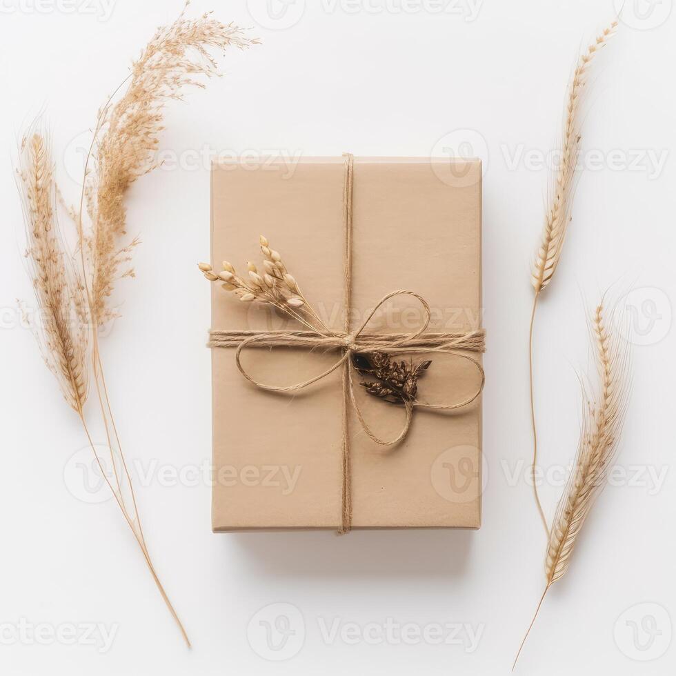 Top View of Rustic Packed Gift Box Tied with Burlap Thread, Golden Dried Grass on White Background. . photo