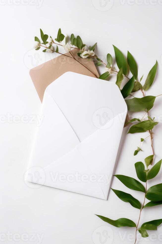 Top View of Blank Invitation Card, Envelope with Floral Branch. Mockup Template for Design or Product Placement Created Using . photo