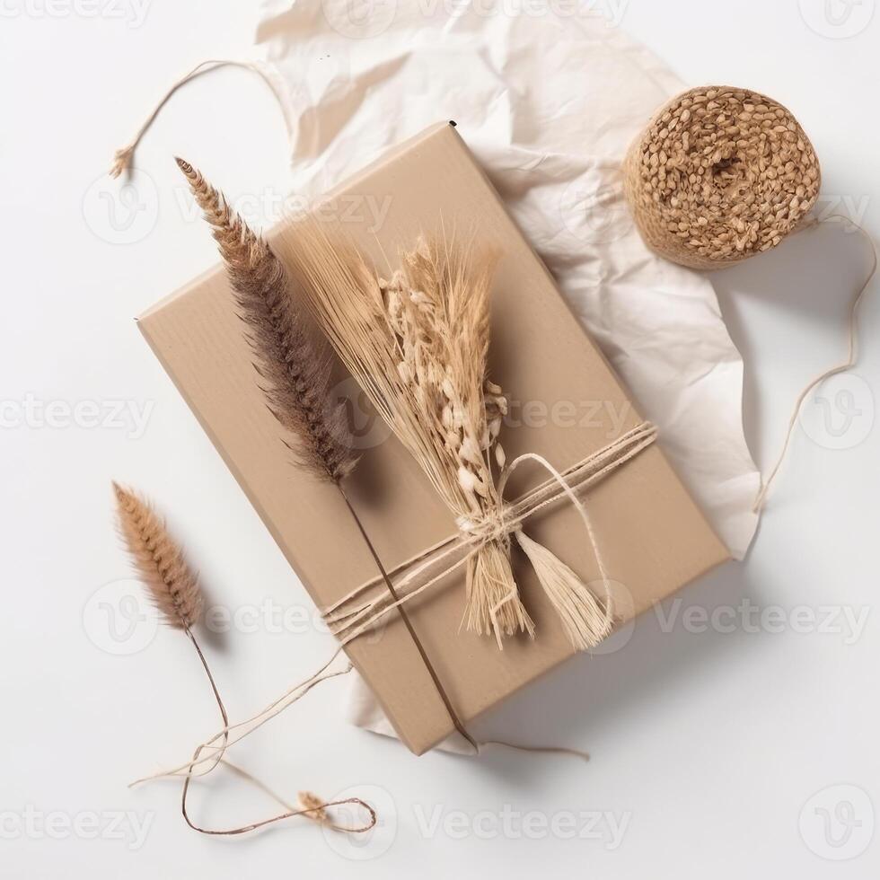 Top View of Rustic Style Packed Gift Box, Burlap Thread Ball and Dried Grass on White Crumpled Paper Background. . photo
