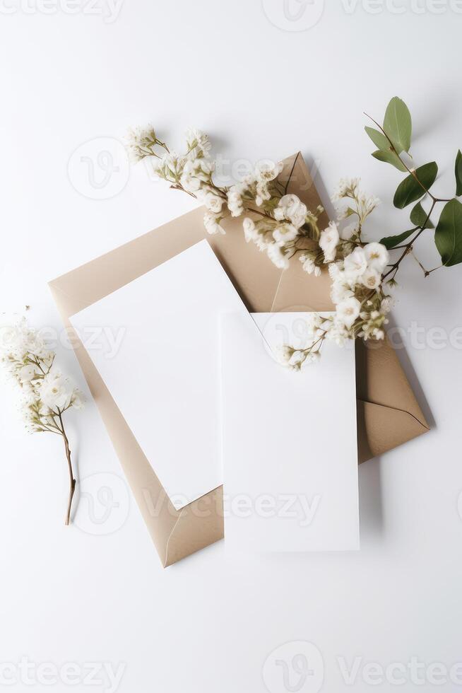 Top View of Blank Invitation Card, Envelope with Floral Branch. Mockup Template for Design or Product Placement Created Using . photo