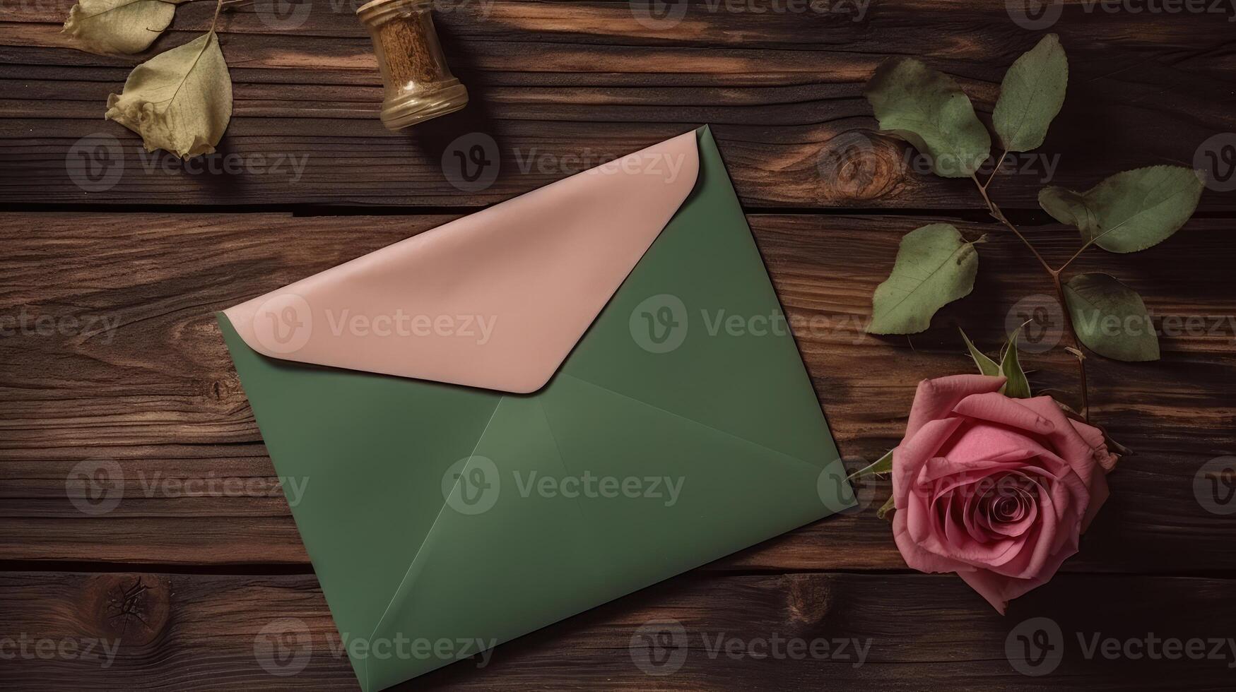 Greeting Card Envelope Mockup, Rose Flower, Leaves on Wooden Table Top. . photo