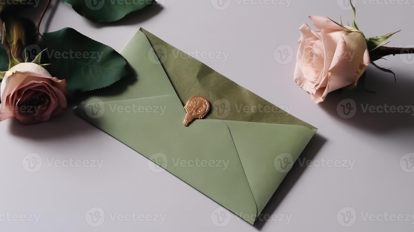 Top View of DIY Wax Seal on Green Invitation Card Envelope Mockup and Rose Flowers. . photo