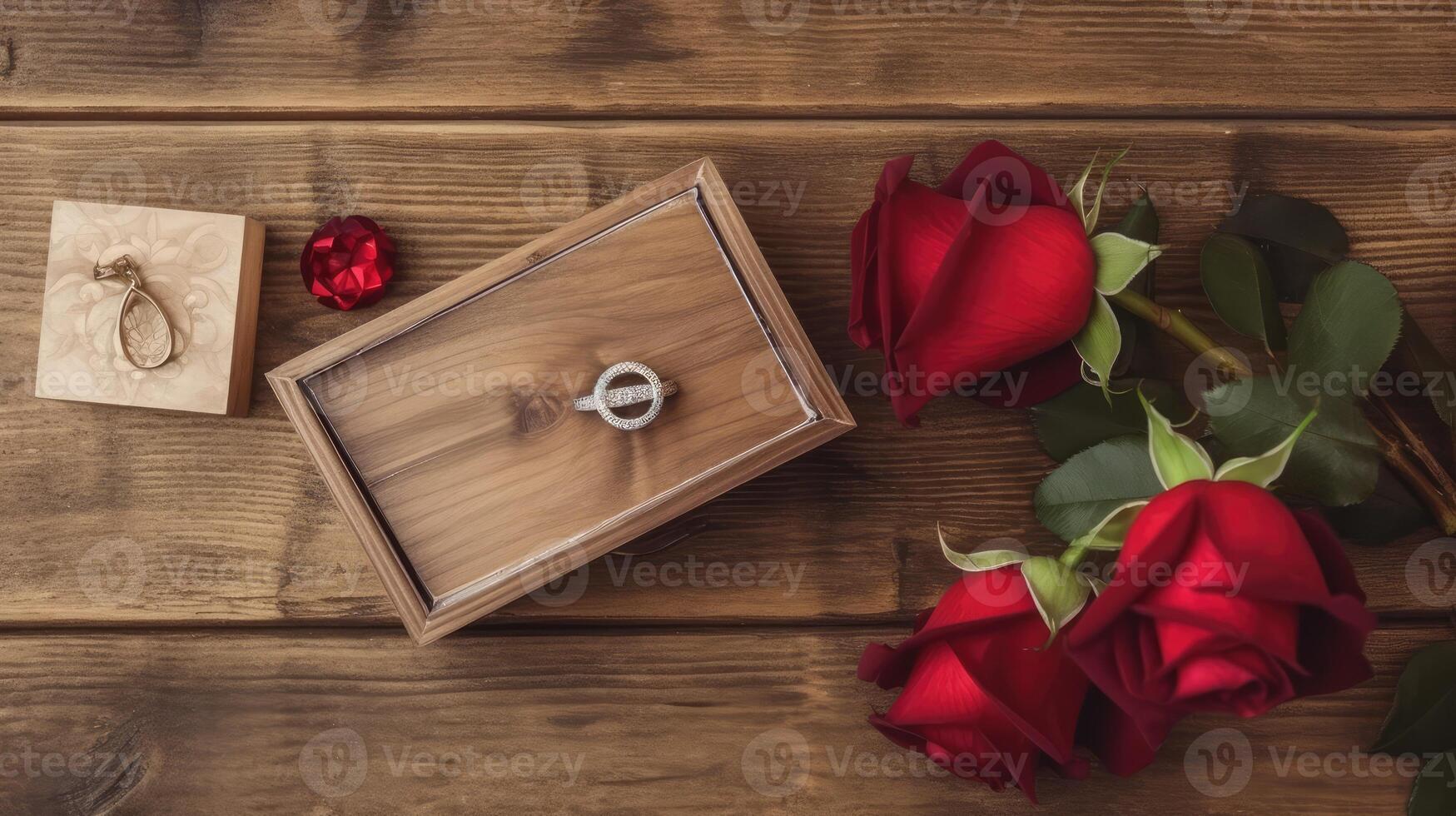 Top View of Red Roses Floral and Jewelry Box on Wooden Table. Ganerative AI. photo