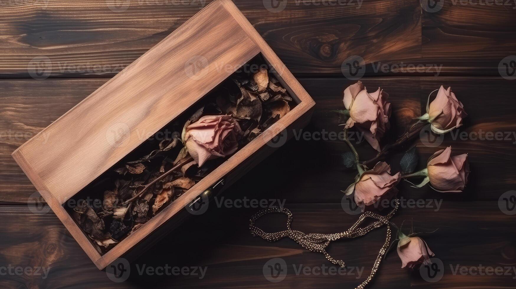 Open Wooden Box Full of Rustic Rose Floral and Silver Chain on Plank Texture Table Top. . photo