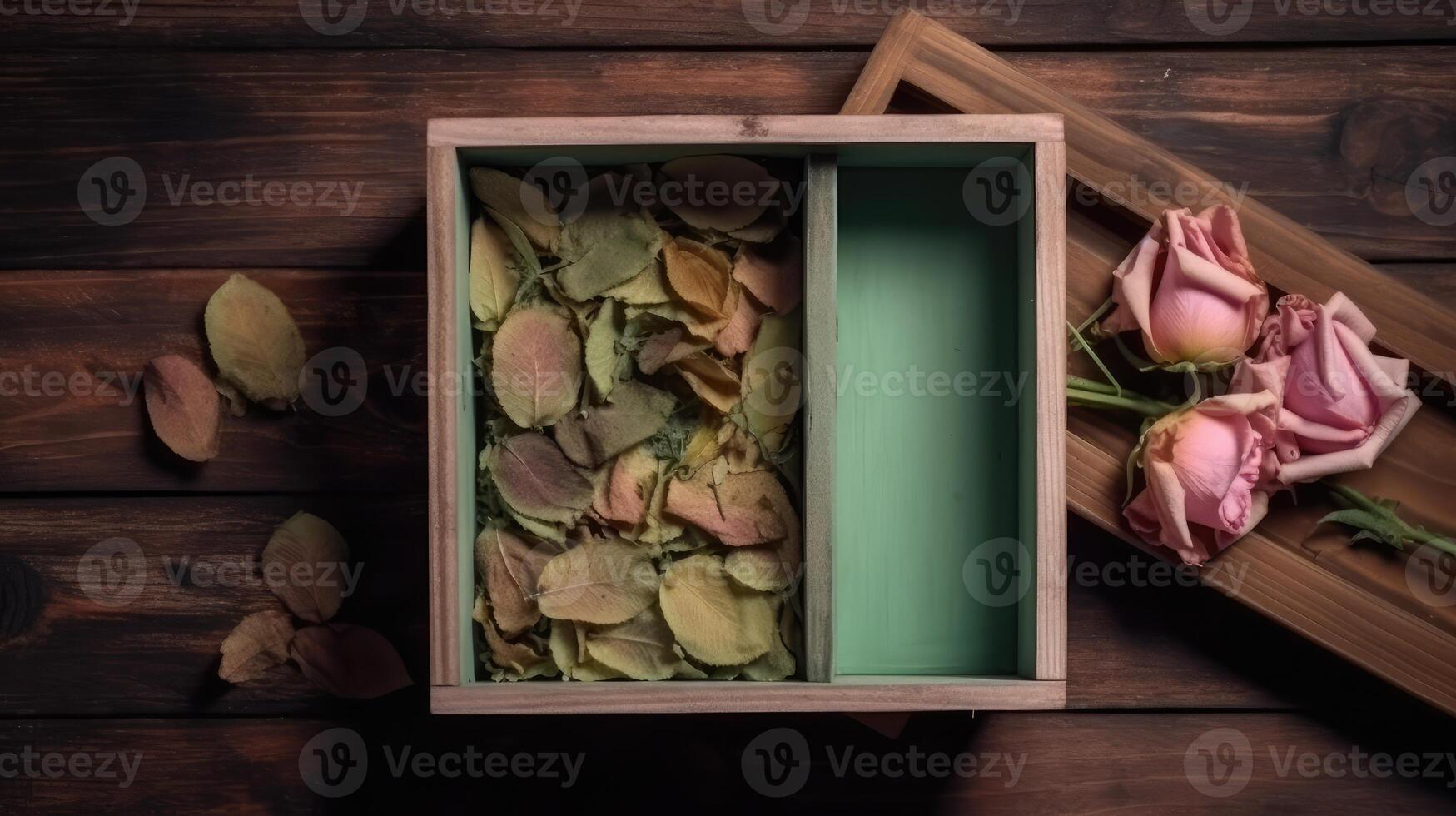 Open Wooden Box Full of Dried Leaves and Roses on Plank Texture Table Top. . photo