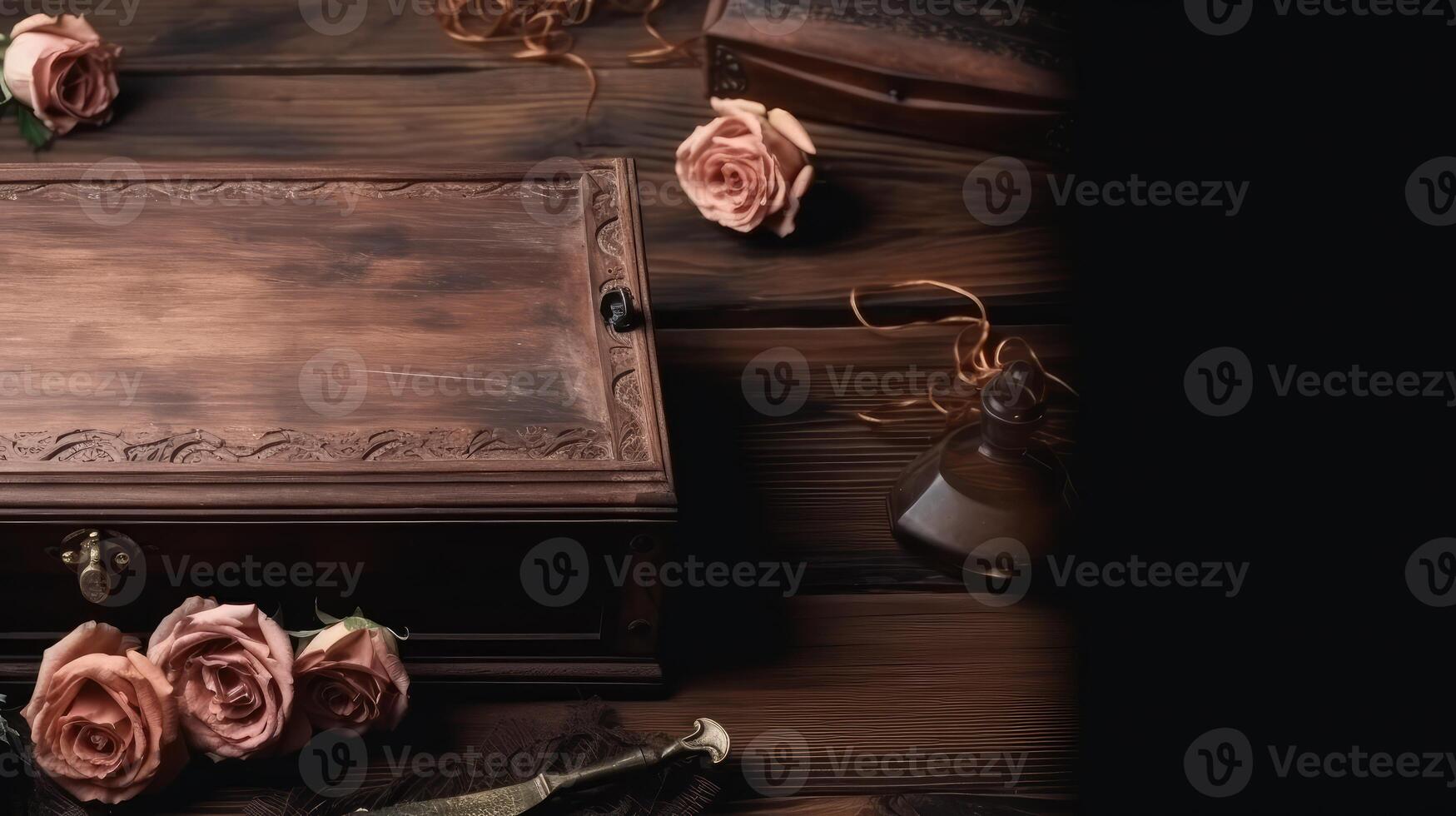 Closeup of Vintage Wooden Box, Rose Flowers, Antique Perfume Bottle on Plank Texture Table Top. . photo