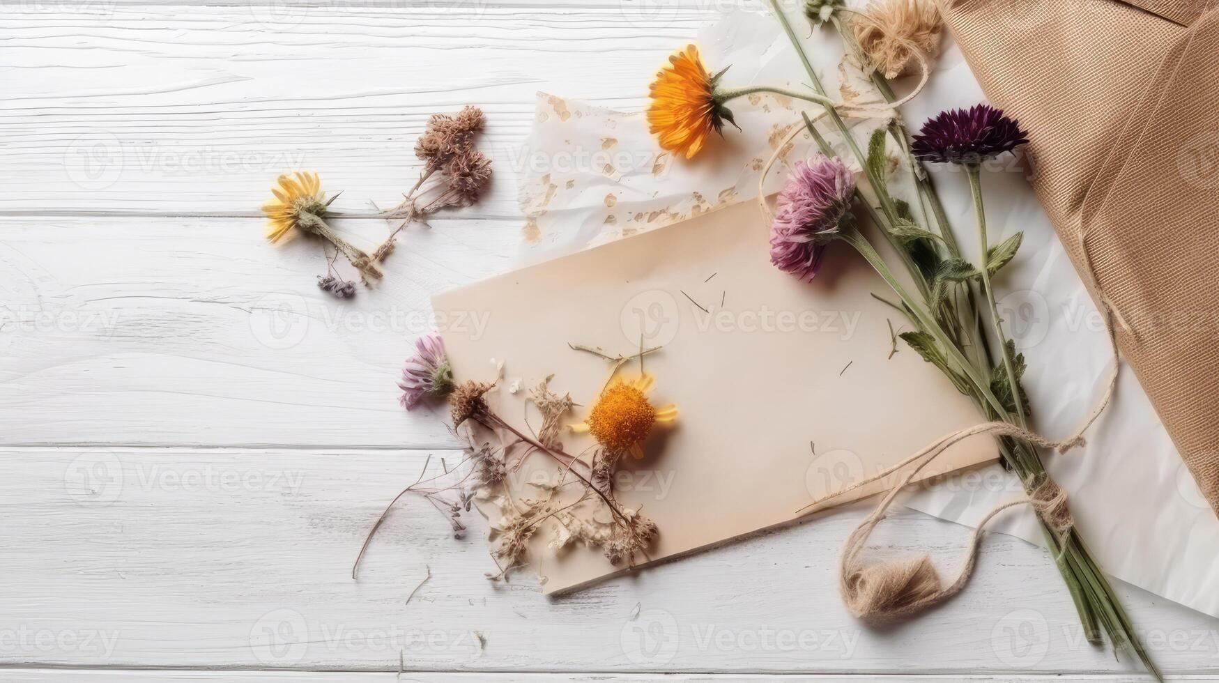 Top View of Blank Paper Card Mockup and Rustic Floral Decorations, Burlap on White Wooden Texture Table. . photo