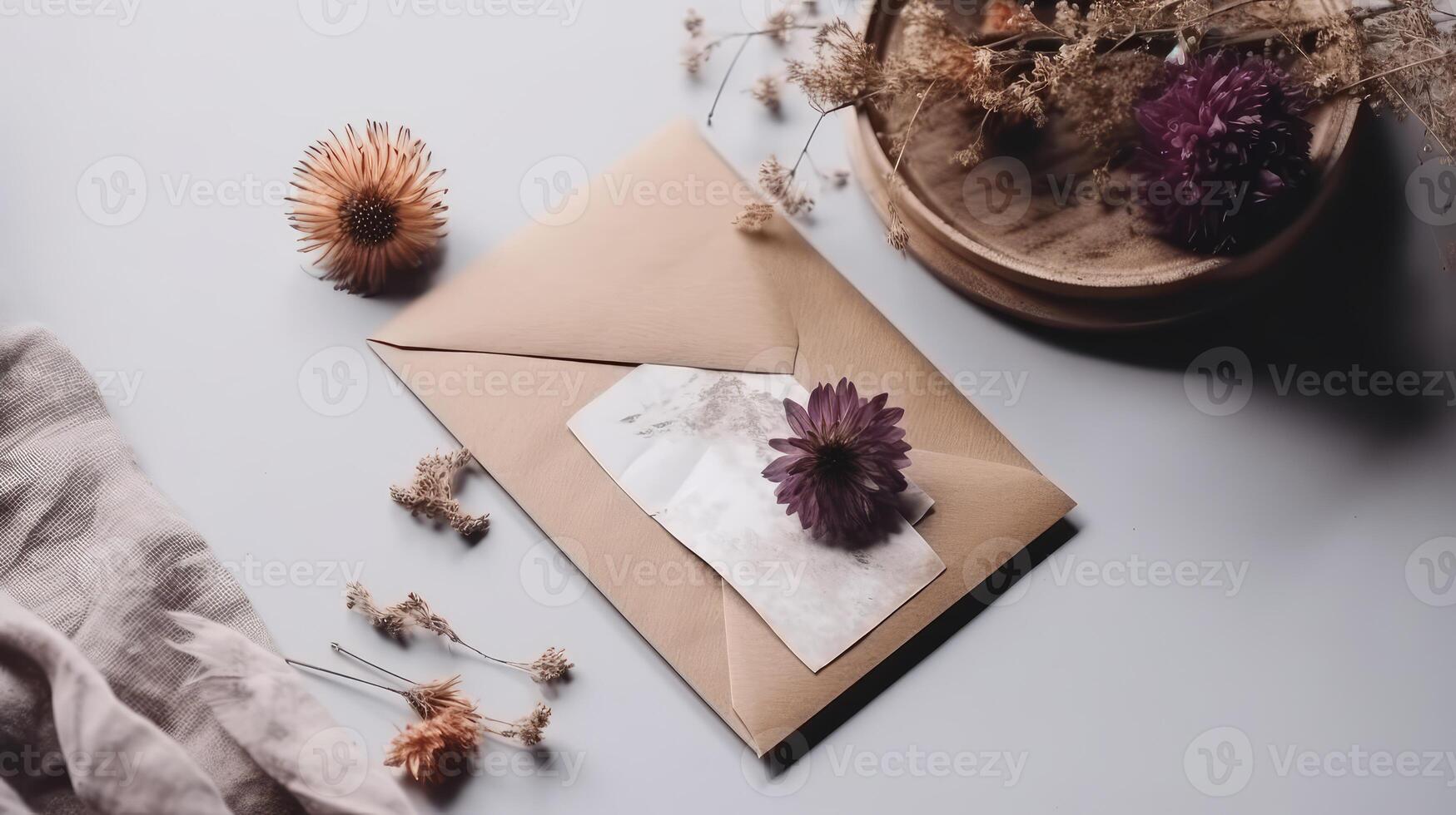 Top View of Kraft Paper Envelope Mockup and Rustic Floral Decorations on Background. . photo