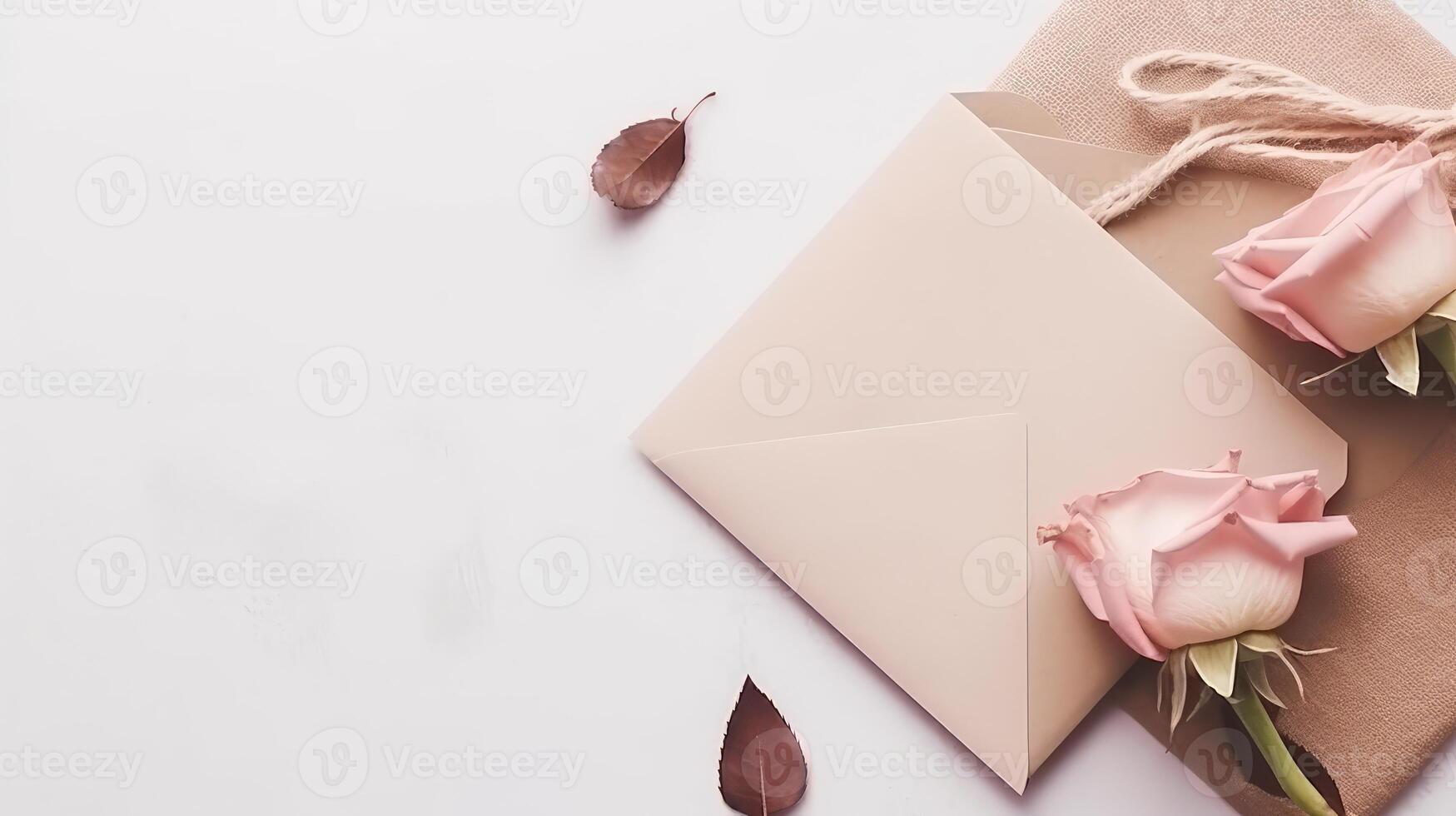 Top View of Invitation Card Envelope Mockup and Rose Flowers on White Background. . photo