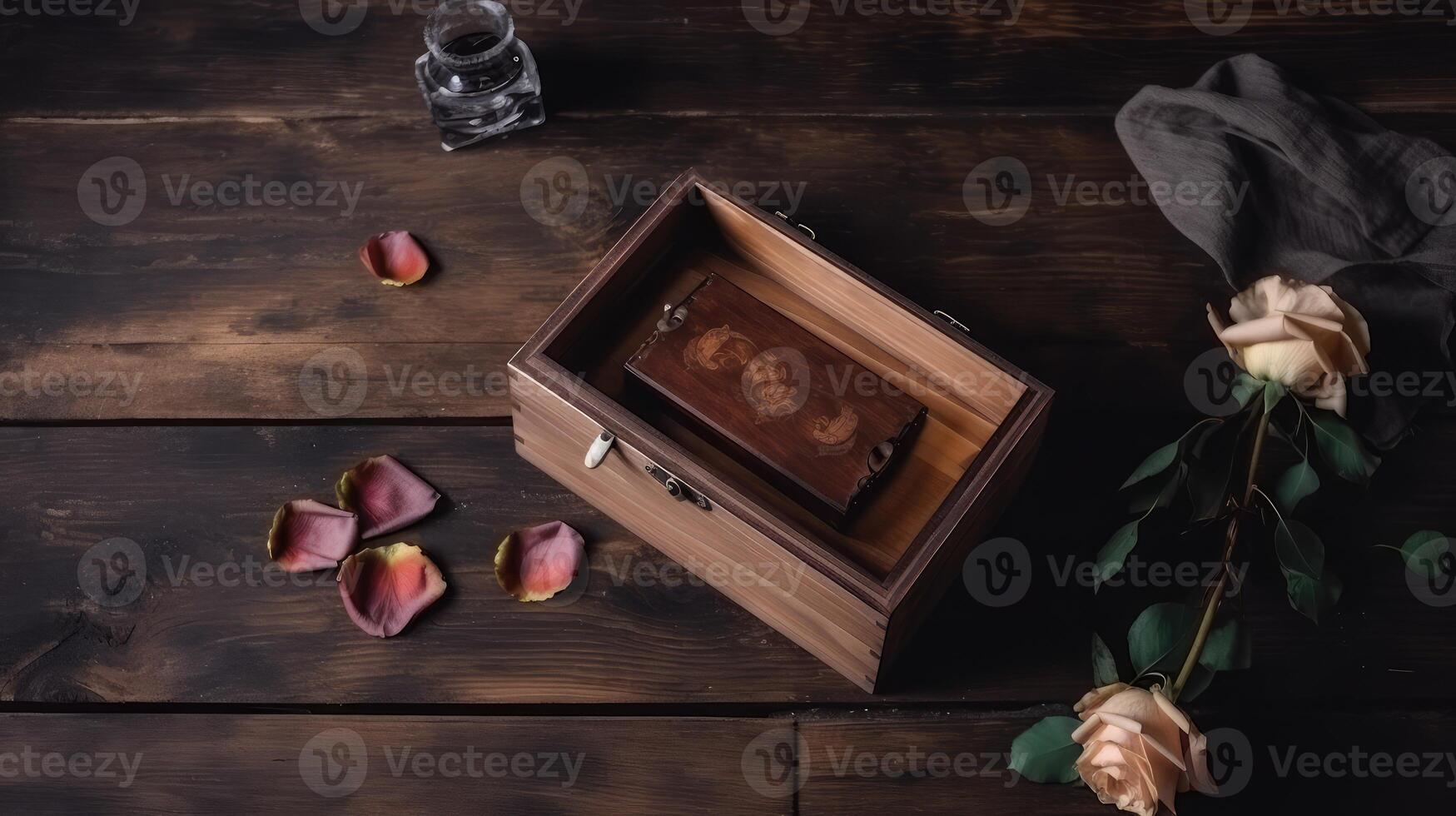 Vintage Wooden Box, Open Glass Jar, Cloth and Roses Flowers on Plank Texture Table Top, . photo