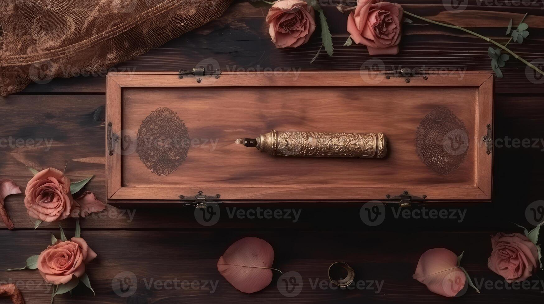 Golden Filigree Esther Case on Vintage Wooden Storage Box and Rustic Rose Flowers on Plank Texture Table Top, . photo