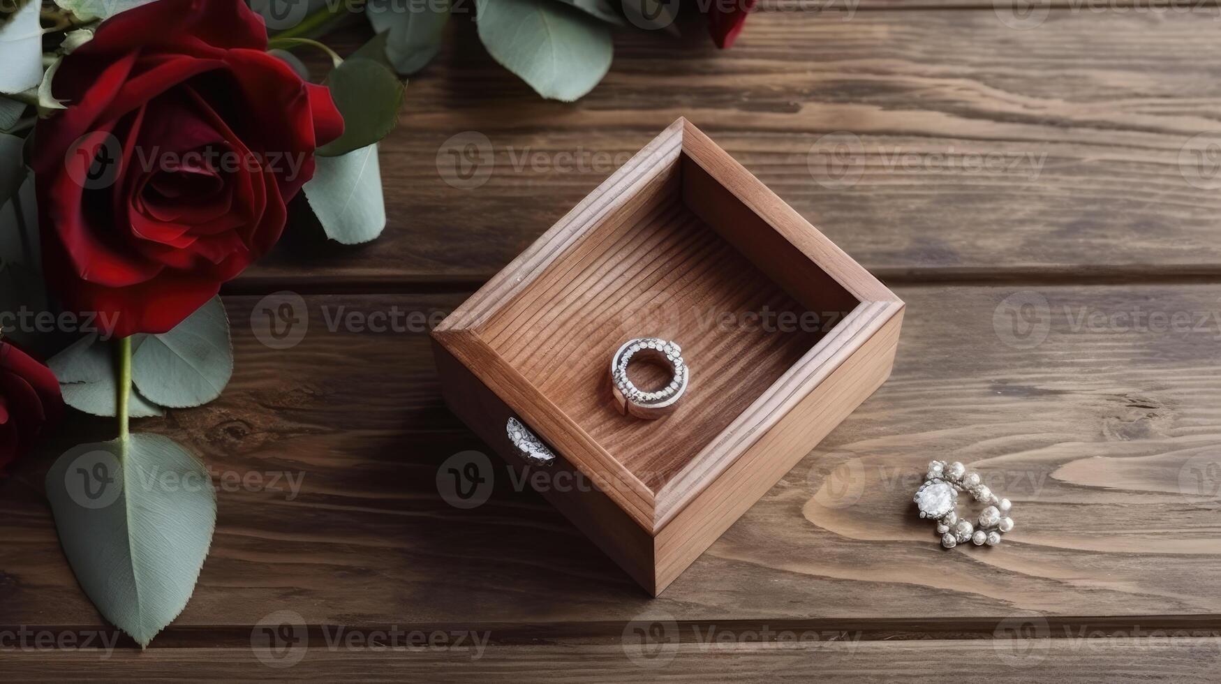 Open Wooden Box with Jewelry and Red Rose Floral on Plank Texture Table Top. . photo