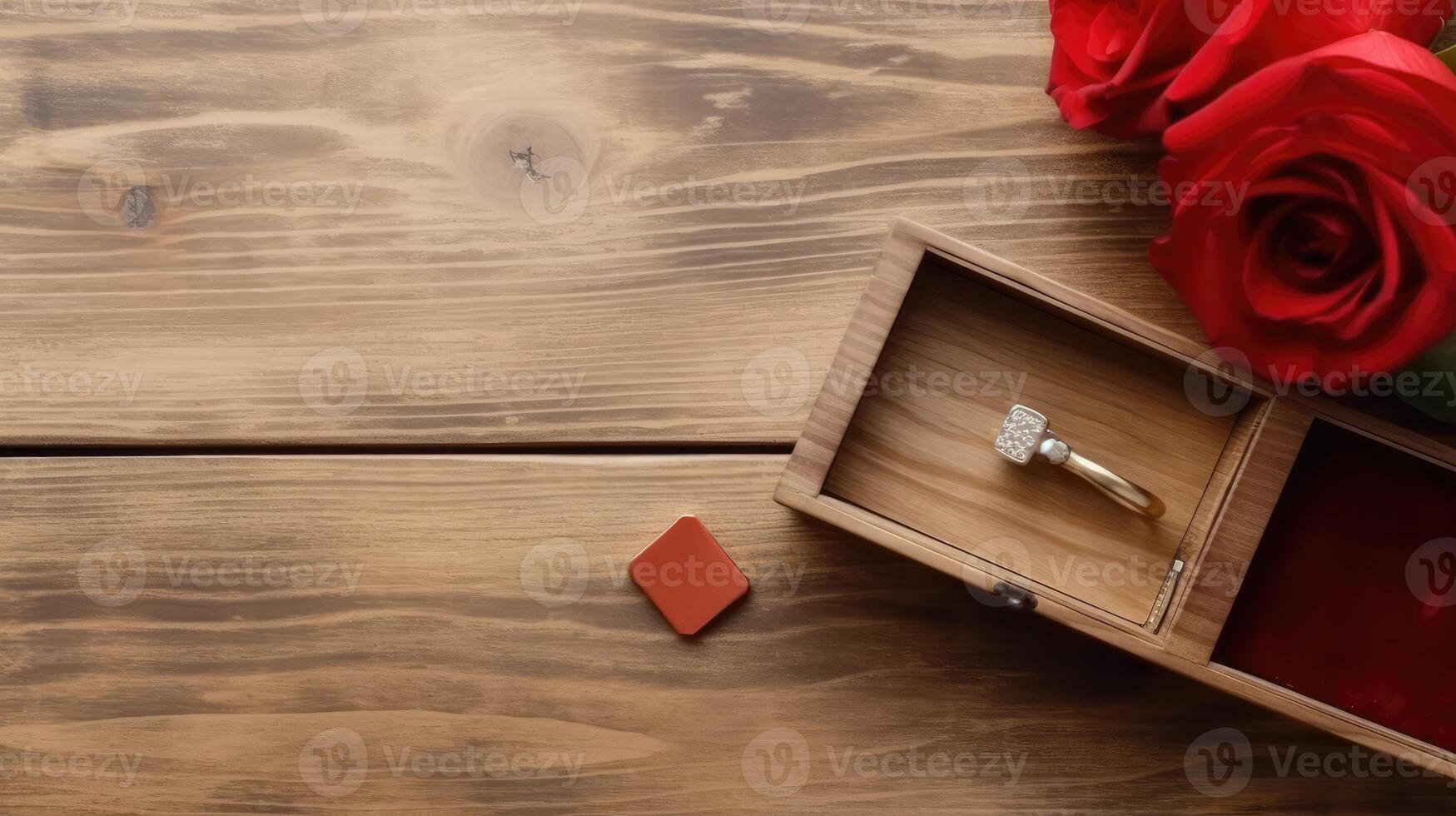 Beautiful Ring Inside Wooden Box and Red Roses on Plank Texture Table Top. . photo