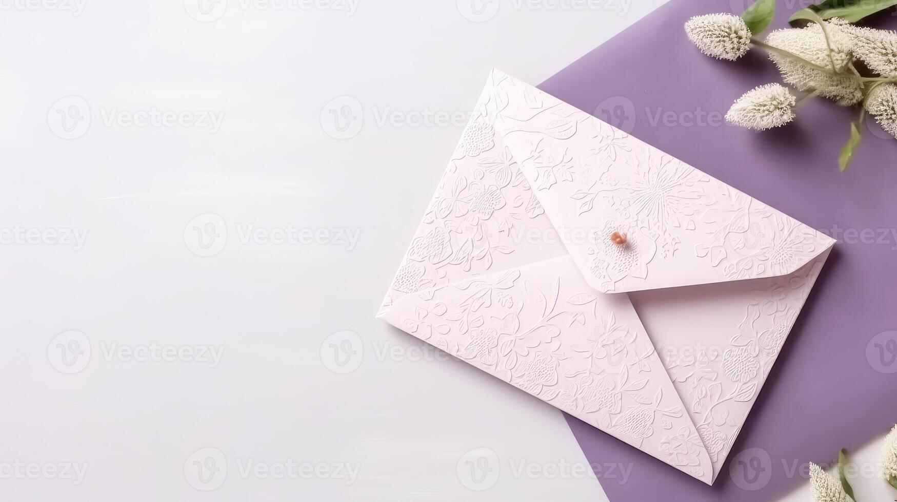 Overhead View of Beige and Purple Embossed Postcard Envelope with Willow Catkin ans Space for Message. Spring or Wedding Concept. . photo