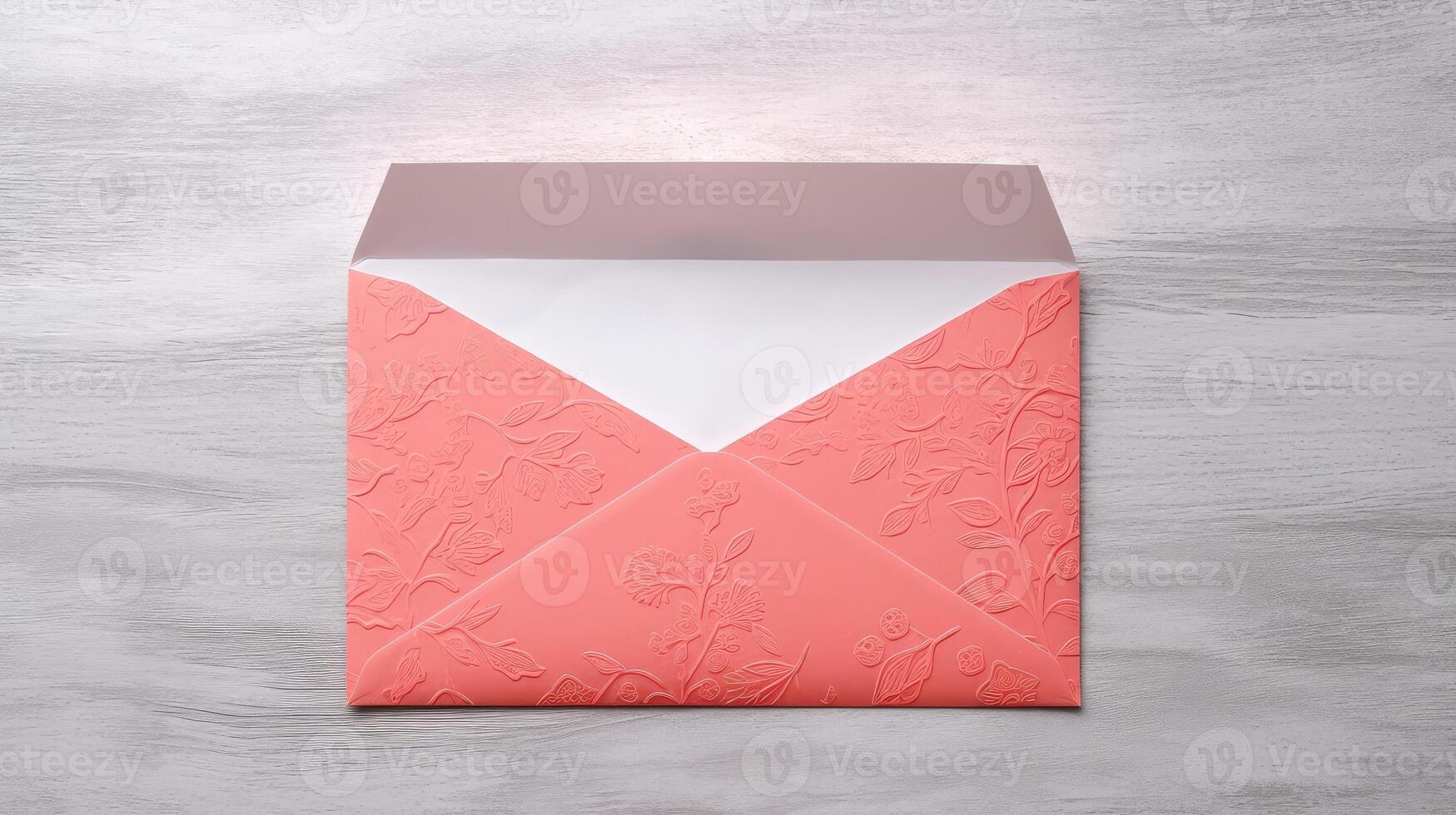 Isolated Rouge Pink Customized Floral Embossed Luxury Wedding or Event Card, Envelope on White Wooden Background. . photo