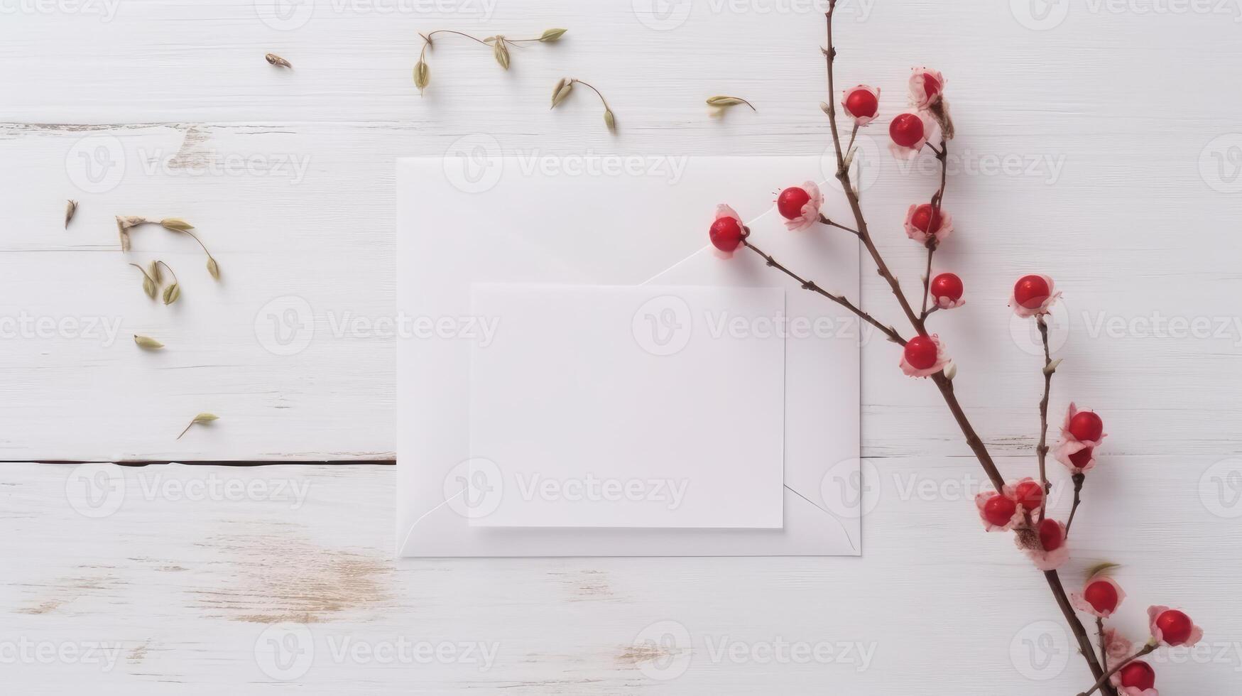 White Greeting Card Mockup and Red Berry Branch on Wooden Table Top. . photo