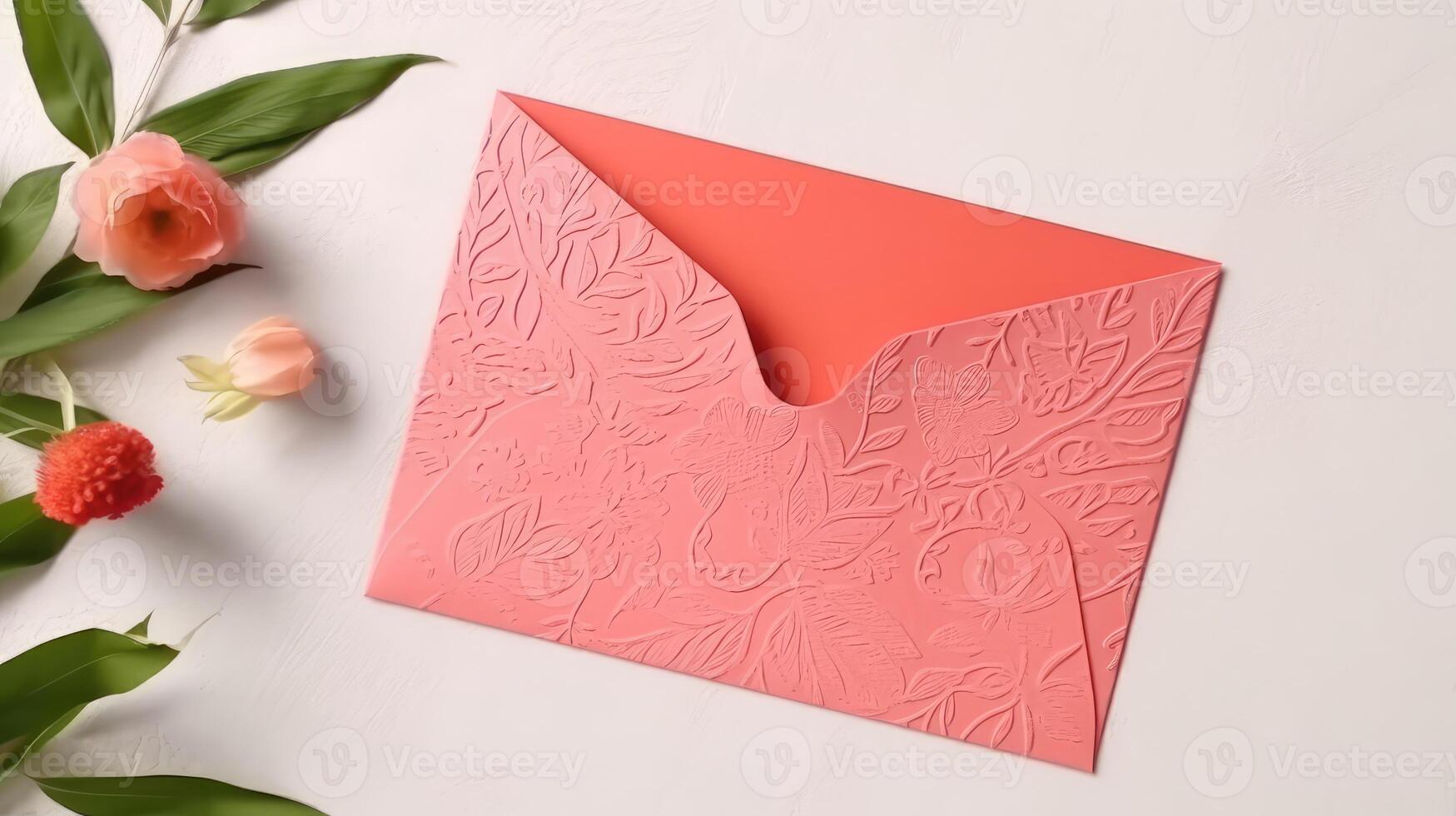 Overhead View of Rouge Pink Embossed Greeting Card Envelope with Peony Flower for Spring or Wedding, Event Celebration Concept. . photo