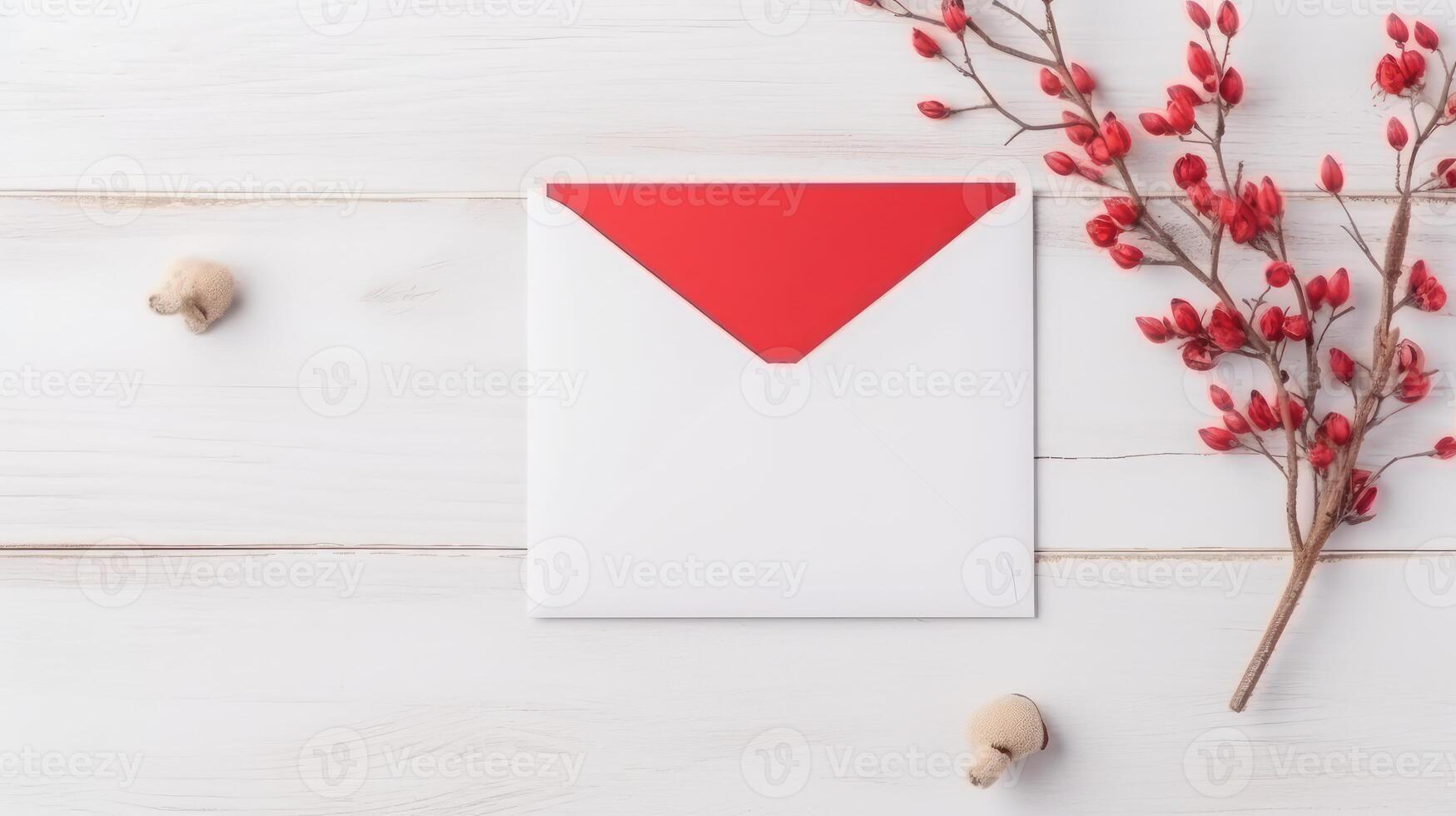 Greeting Card Mockup and Red Pip Berry Branch on White Wooden Table Top, . photo