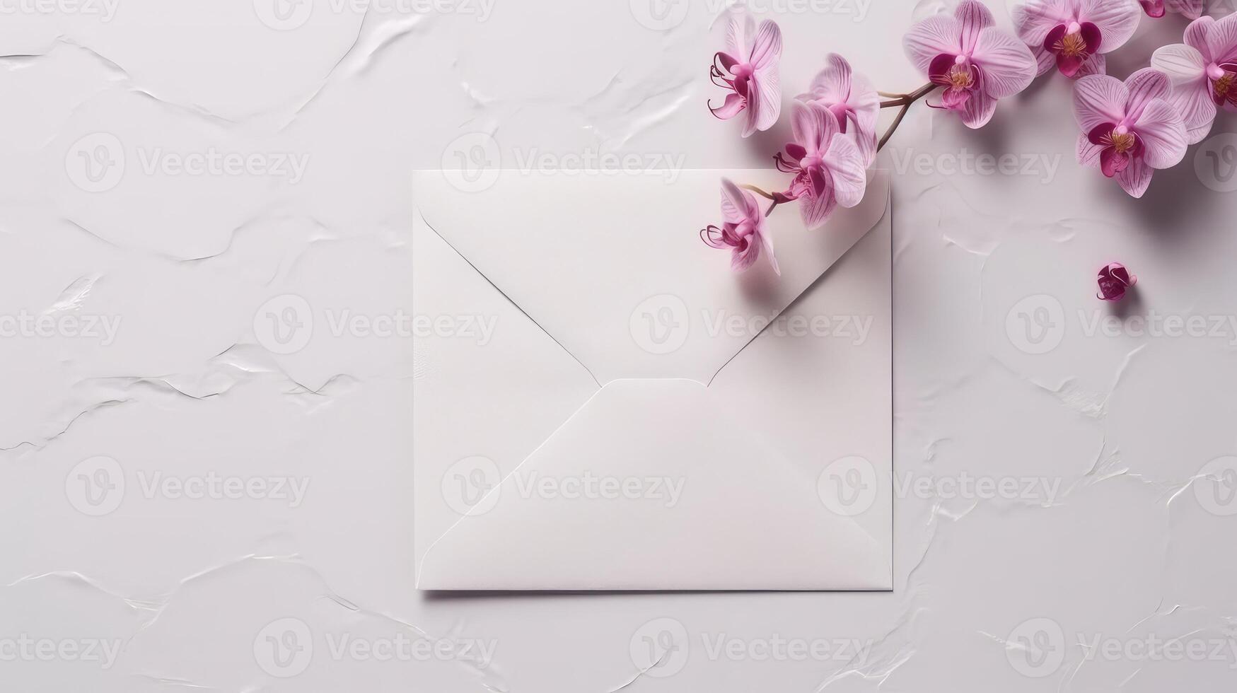Overhead View of Wedding or Event Card Envelope with Orchid Flower Branch on White Background and Space for Message. . photo
