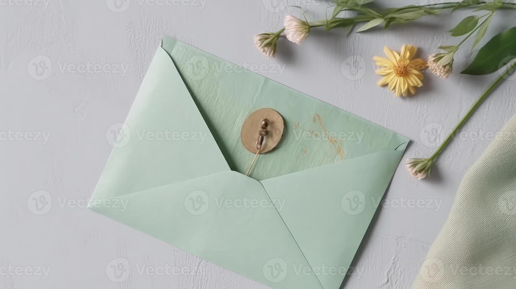 Overhead View of Pastel Green Old Letter Envelope with Daisy Flowers and Burlap Textile on White Texture Background. Wedding or Event Card Design. . photo