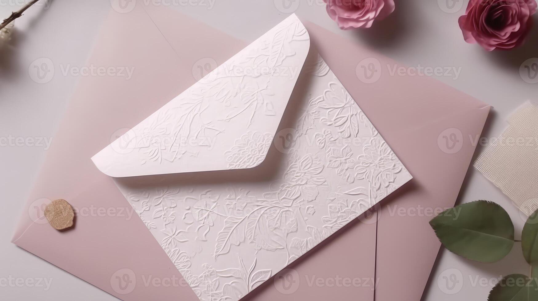 Overhead View of Embossed Greeting Card Envelopes with Pink Rose Flowers for Love or Wedding Concept. . photo