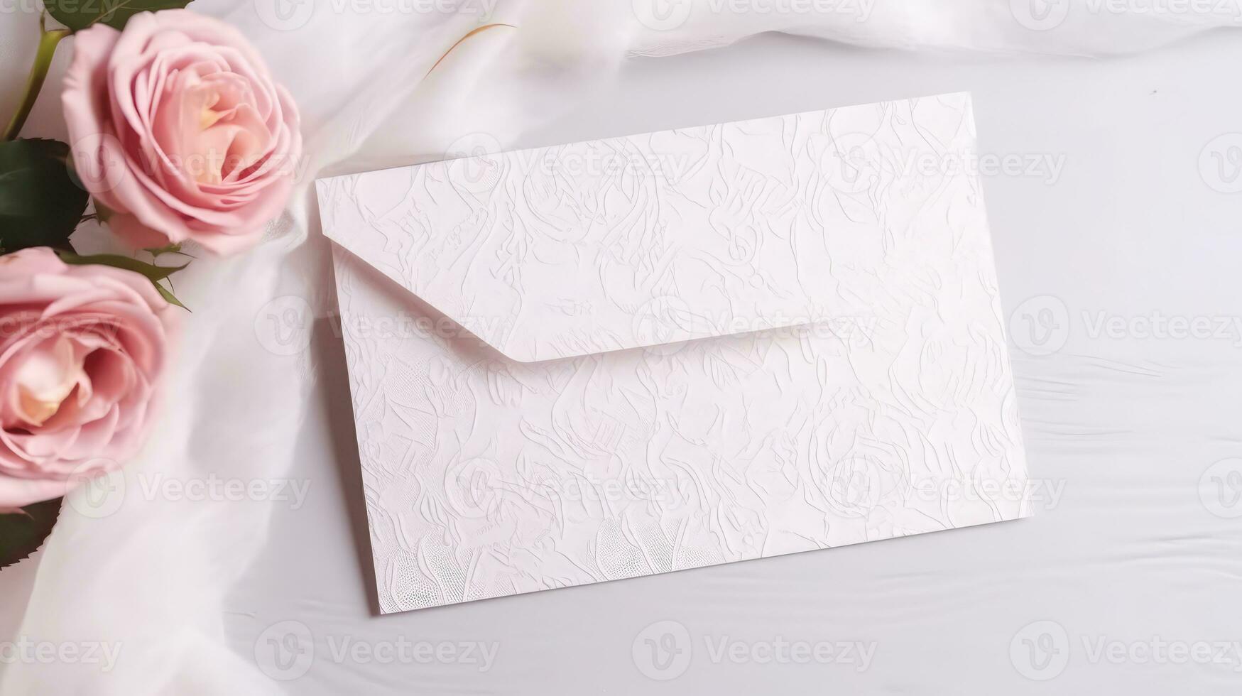 Overhead View of White Embossed Greeting Card Envelope with Pink Rose Flowers and Space for Message. Love or Wedding Concept. Generative AI. photo