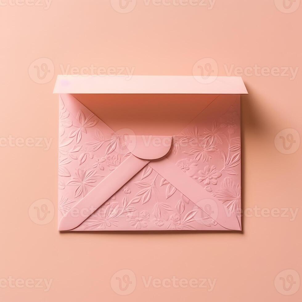 personalizado pastel rosado floral en relieve lujo Boda o evento tarjeta, sobres creado por generativo ai. foto
