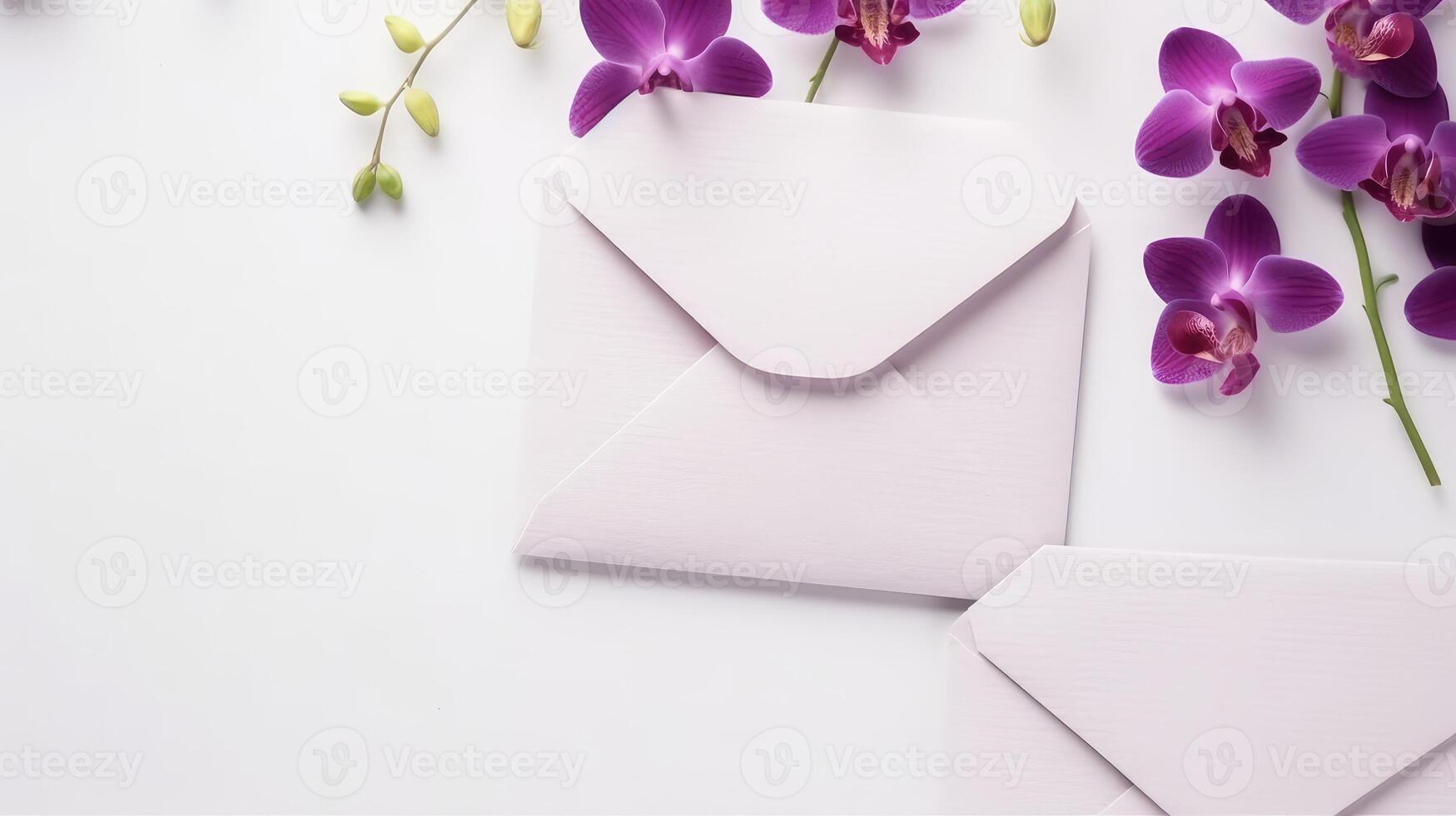 Overhead View of Wedding or Event Card Envelopes with Orchid Flower Branch on White Background and Space for Message. . photo