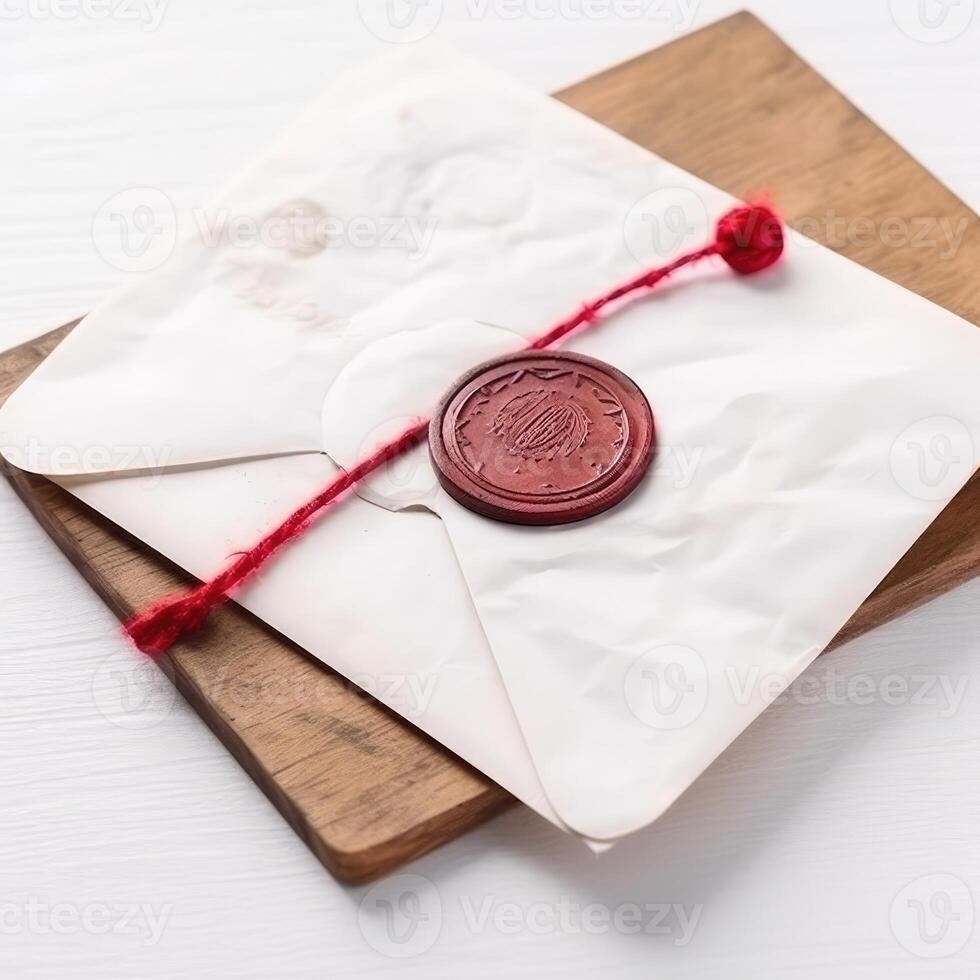 Overhead View of Red wax Sealed White Old Letter Envelope on Wooden Table. . photo