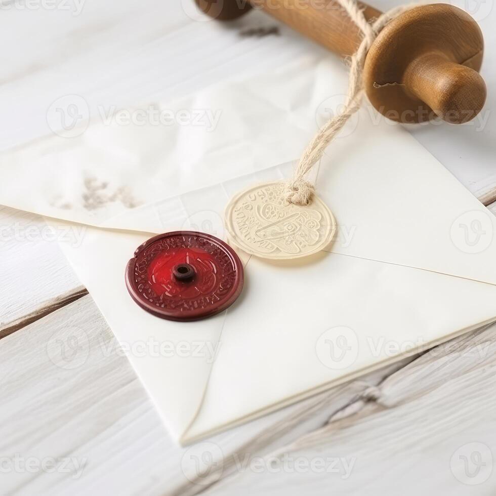 Closeup View of White Old Letter Envelope with Wax Seal and Stamp on Wooden Table. . photo