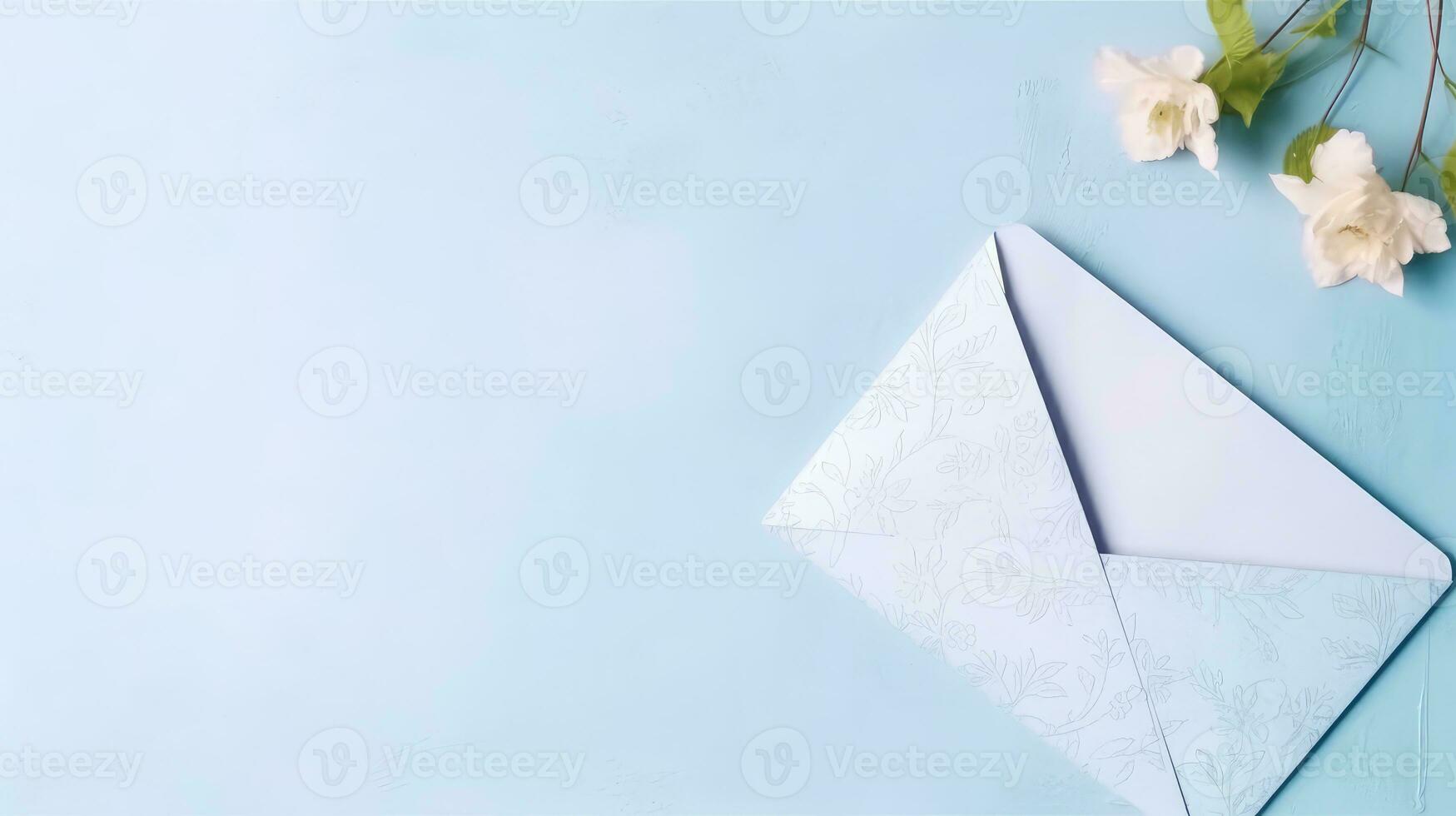 Overhead View of Pastel Blue Embossed Wedding or Event Card, Envelope with Magnolia Flower and Space for Message. Generative AI. photo