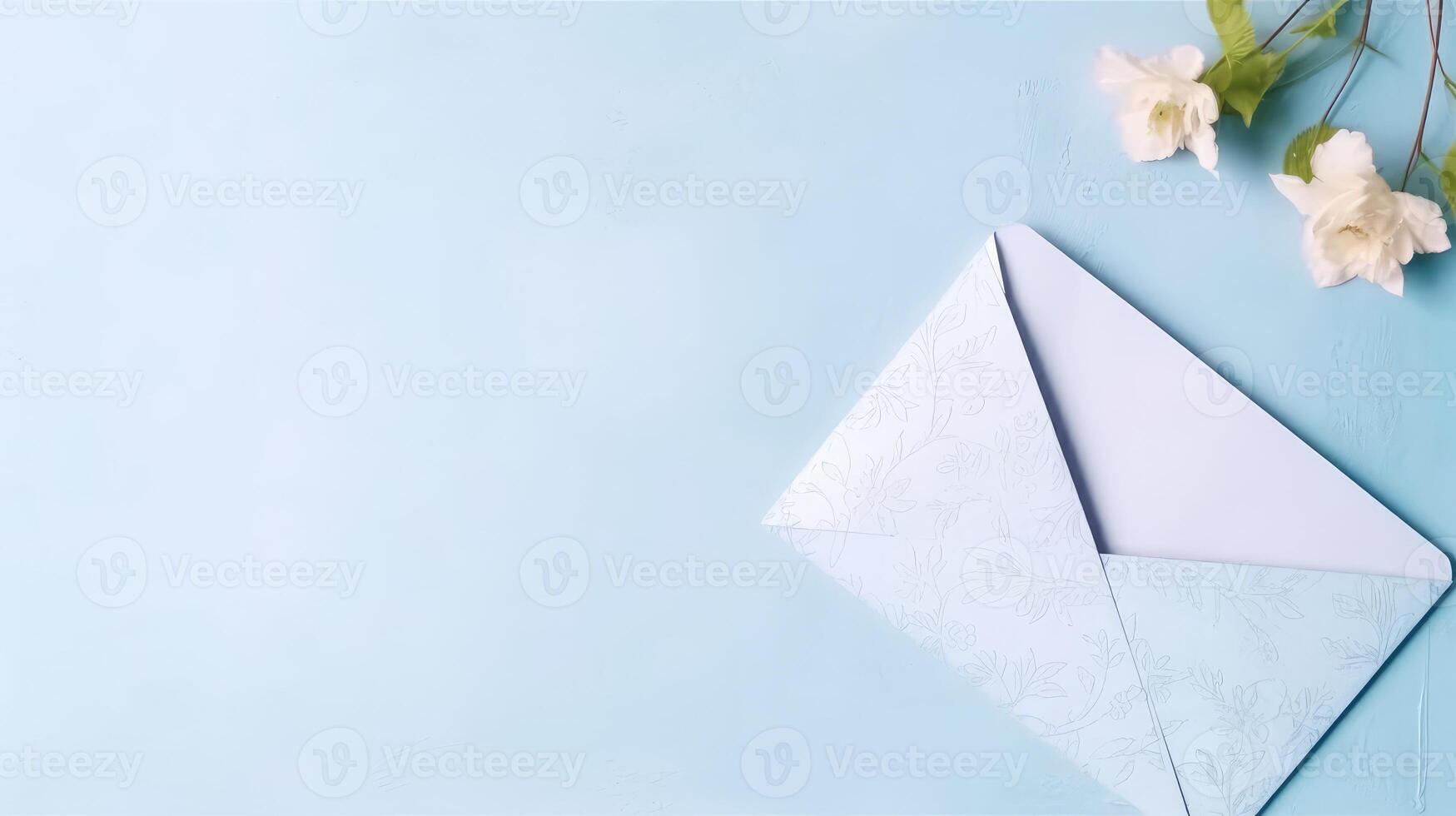 Overhead View of Pastel Blue Embossed Wedding or Event Card, Envelope with Magnolia Flower and Space for Message. . photo