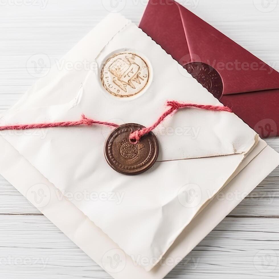 Overhead View of Wax Sealed Old White and Red Letter and Envelope on Wooden Background. . photo