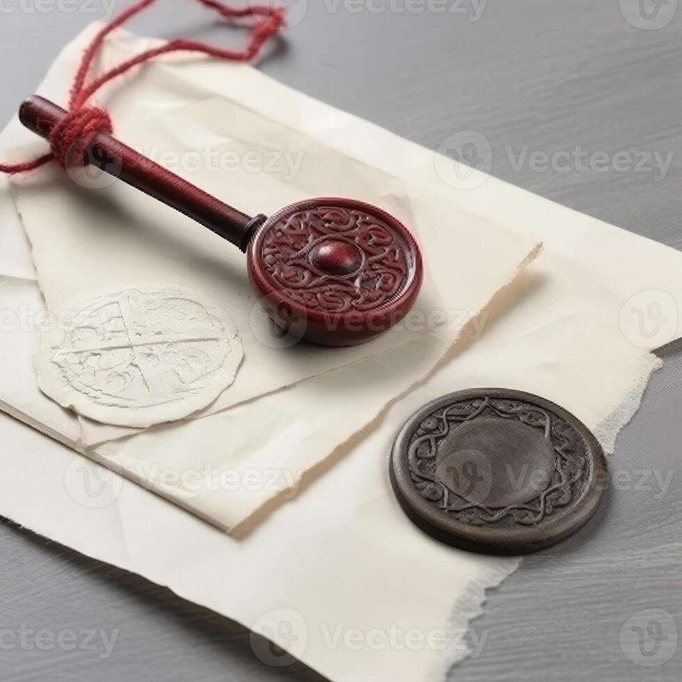 Closeup View of Old Letter with Wax Seal and Stamp on Grey Texture Background. . photo